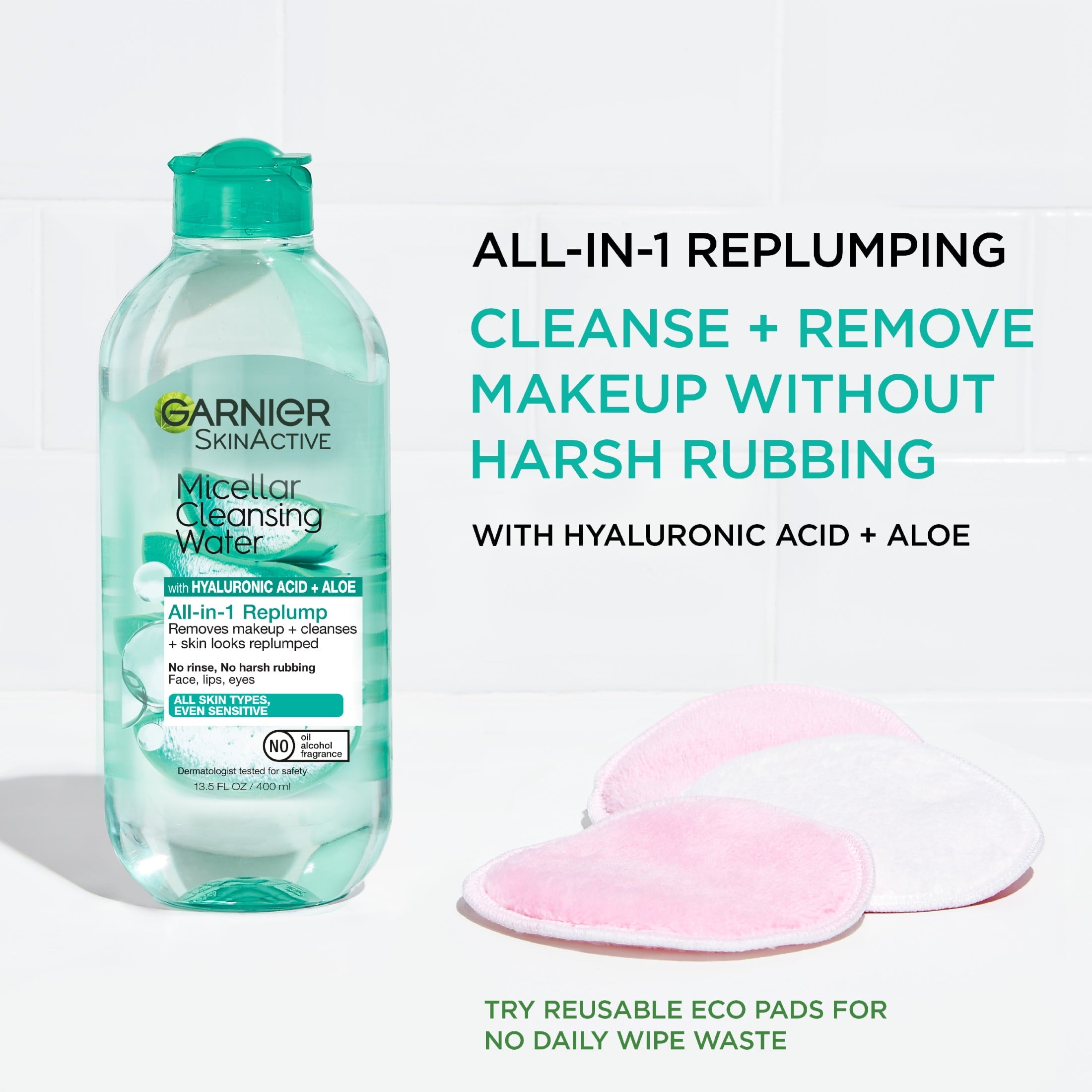 Garnier SkinActive Micellar Cleansing Water All in 1 Hyaluronic Acid Replump Makeup Remover, Face Cleanser, 13.5 fl oz