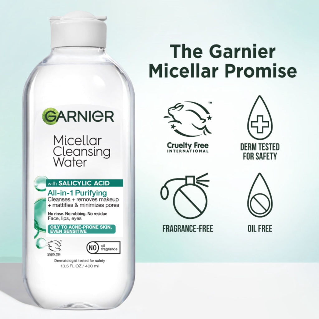 Garnier SkinActive Micellar Cleansing Water All in 1 Salicylic Acid Pore Minimizer Makeup Remover, Face Cleanser, 13.5 fl oz