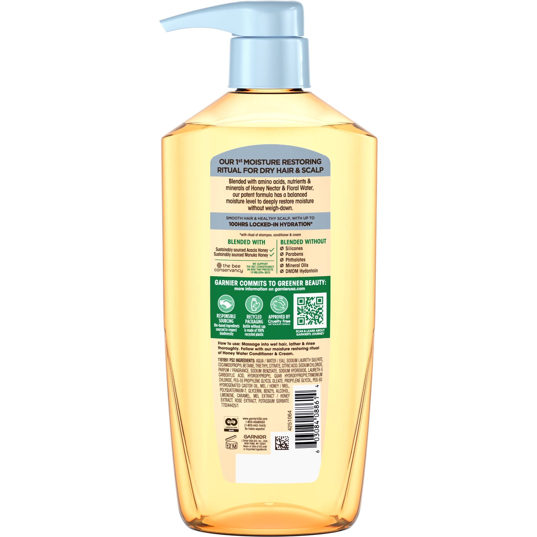 Garnier Whole Blends Honey Water Moisture Restoring Shampoo, Dry Hair, 28 fl oz