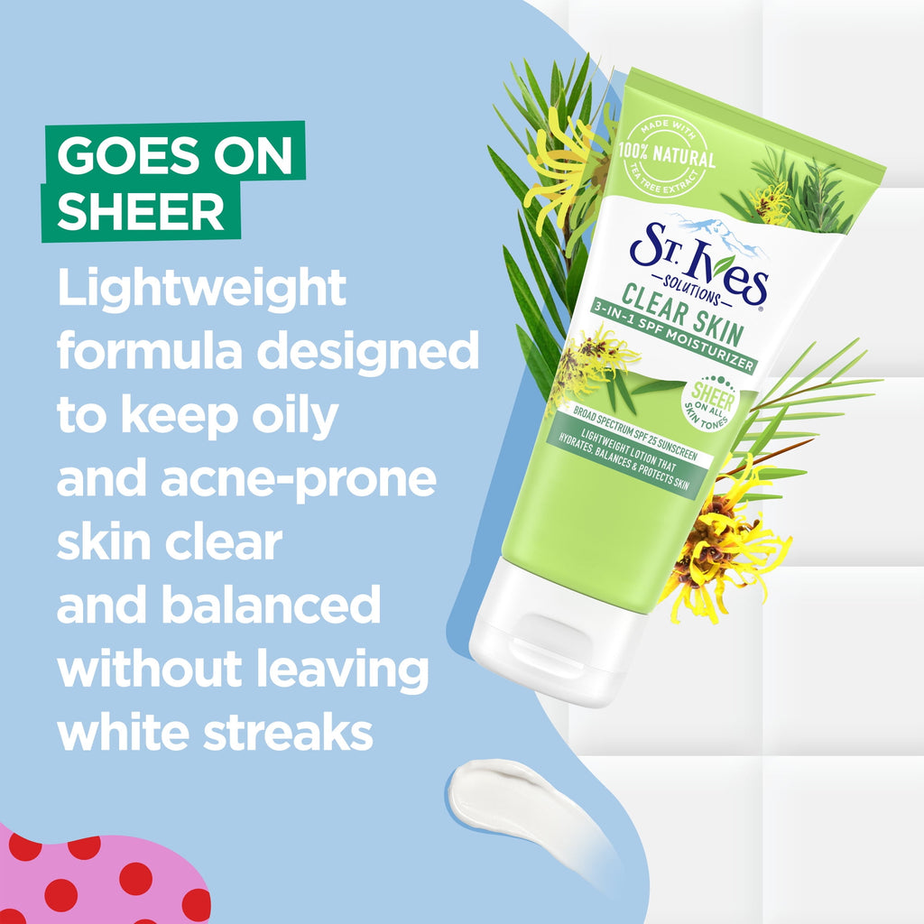 St. Ives Solutions 3-in-1 SPF 25 Moisturizer Hydrates and Balances Oily to Acne Prone Skin, Sheer SPF Clear Skin Made with 100% Natural Tea Tree Extract and Witch Hazel 3 oz