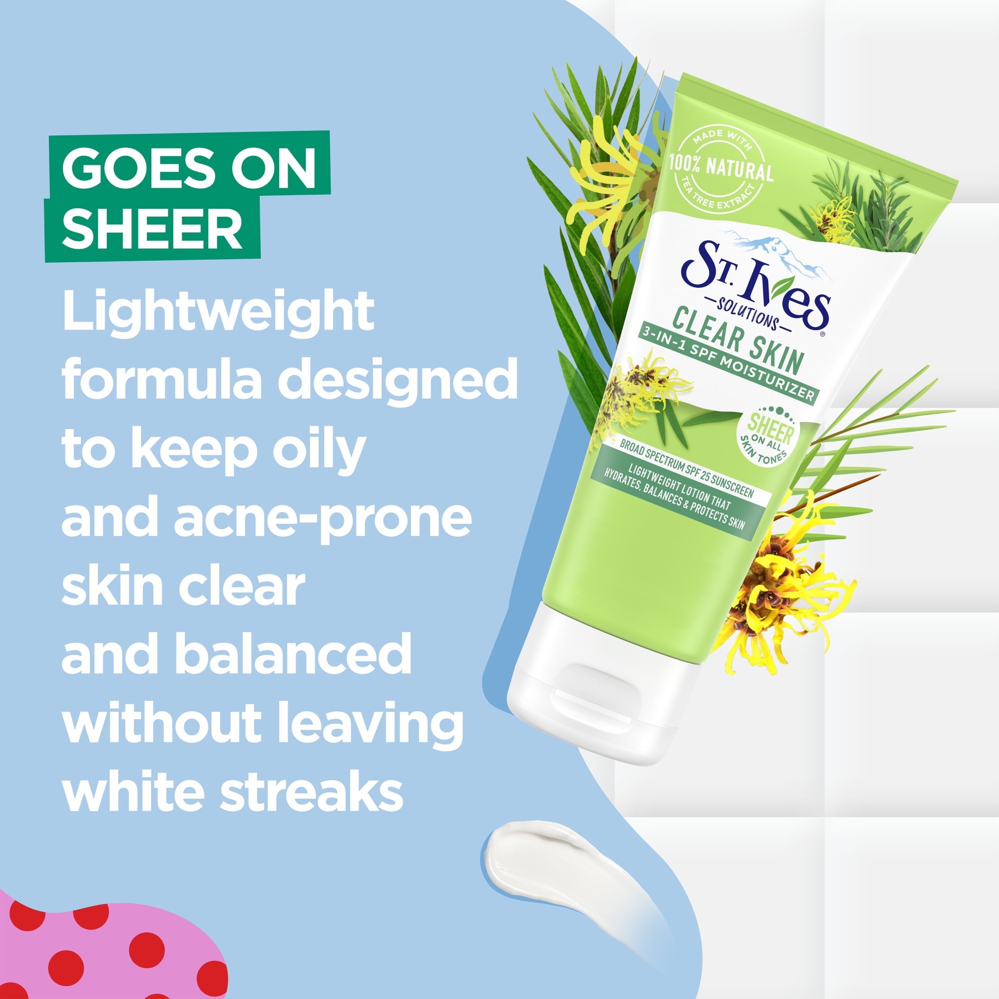 St. Ives Solutions 3-in-1 SPF 25 Moisturizer Hydrates and Balances Oily to Acne Prone Skin, Sheer SPF Clear Skin Made with 100% Natural Tea Tree Extract and Witch Hazel 3 oz