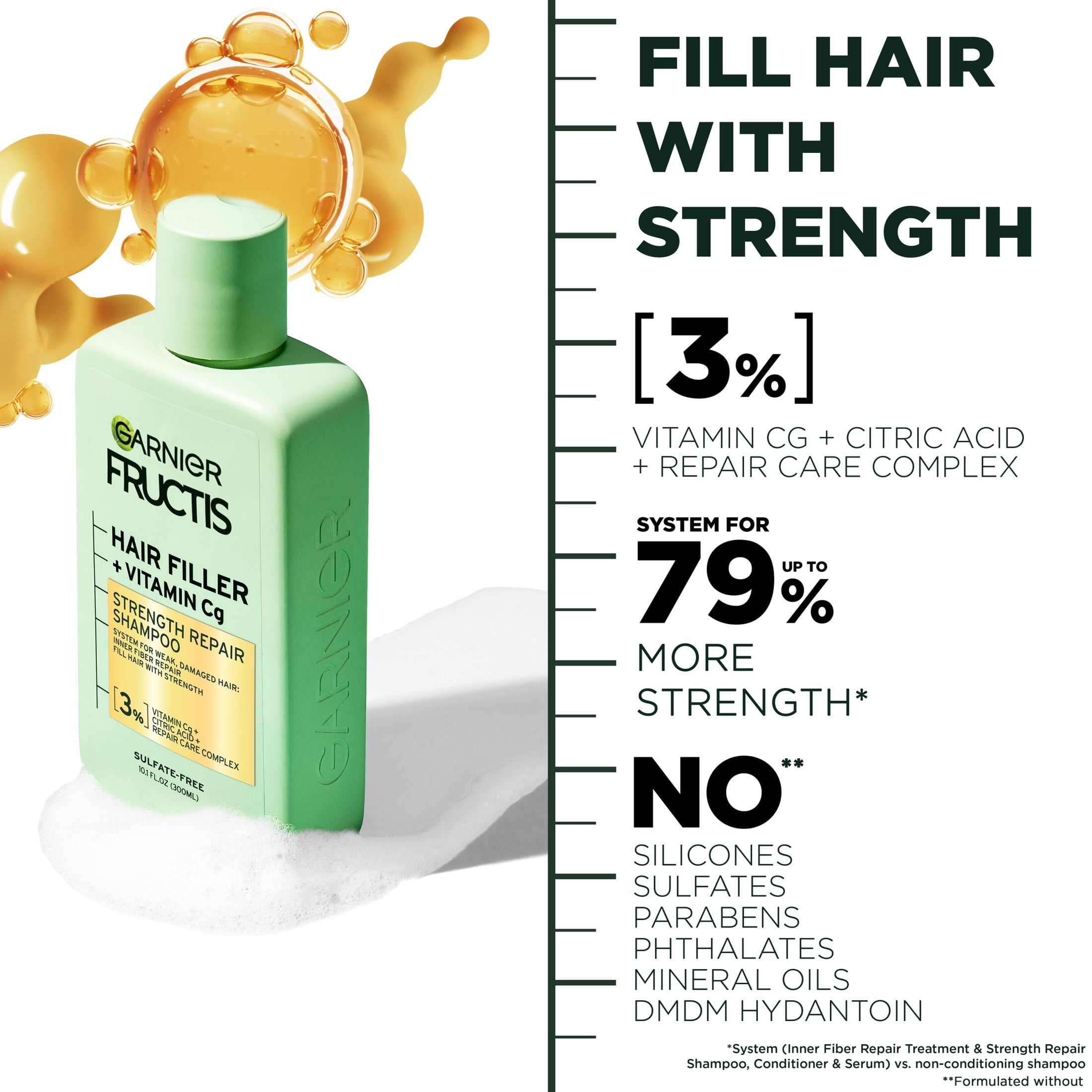 Garnier Fructis Hair Filler Vitamin Cg Strength Repair Shampoo, Adults, Damaged Hair, 10.1 fl oz