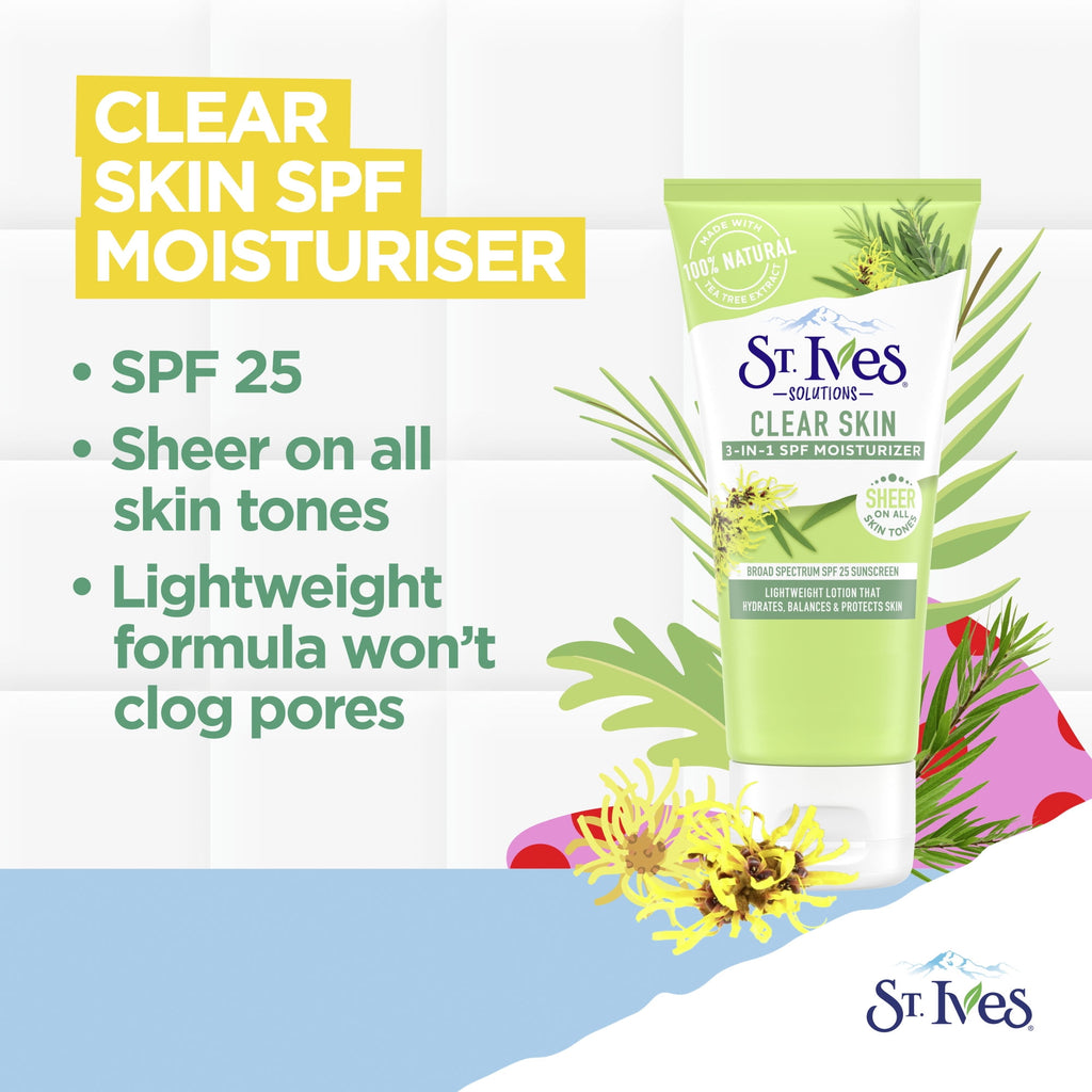 St. Ives Solutions 3-in-1 SPF 25 Moisturizer Hydrates and Balances Oily to Acne Prone Skin, Sheer SPF Clear Skin Made with 100% Natural Tea Tree Extract and Witch Hazel 3 oz
