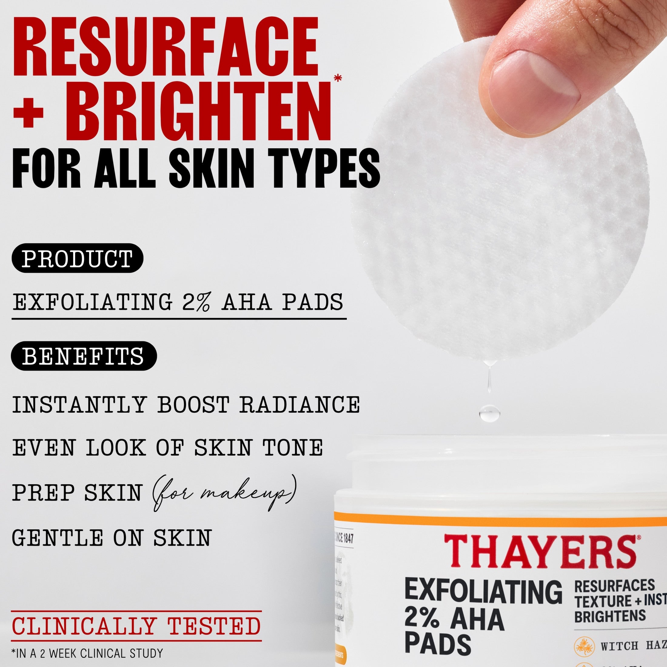 THAYERS Exfoliating 2% AHA Toner Pads, Dual-Sided Exfoliating Pads with Witch Hazel, Glycolic Acid, Lactic Acid to Resurface Skin Texture and Instantly Brighten, For All Skin Types, 60 Count