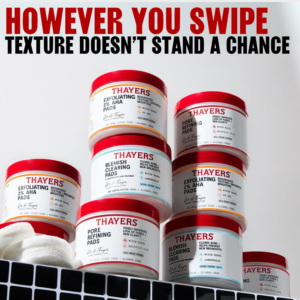 THAYERS Exfoliating 2% AHA Toner Pads, Dual-Sided Exfoliating Pads with Witch Hazel, Glycolic Acid, Lactic Acid to Resurface Skin Texture and Instantly Brighten, For All Skin Types, 60 Count