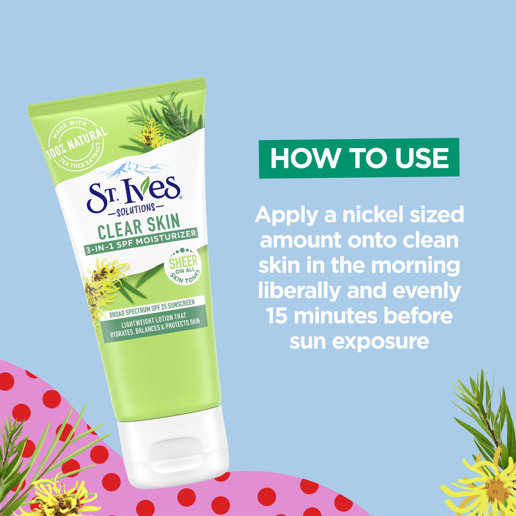 St. Ives Solutions 3-in-1 SPF 25 Moisturizer Hydrates and Balances Oily to Acne Prone Skin, Sheer SPF Clear Skin Made with 100% Natural Tea Tree Extract and Witch Hazel 3 oz