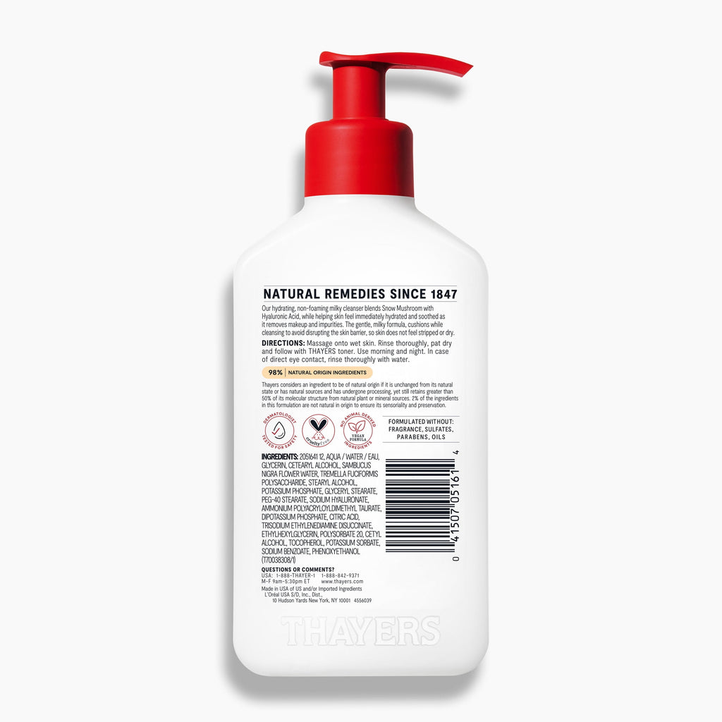 THAYERS Milky Hydrating Face Cleanser with Snow Mushroom and Hyaluronic Acid, Dermatologist Recommended Gentle Facial Wash and Hydrating Skincare for Dry and Sensitive Skin, Paraben Free, 8.0 fl. oz.