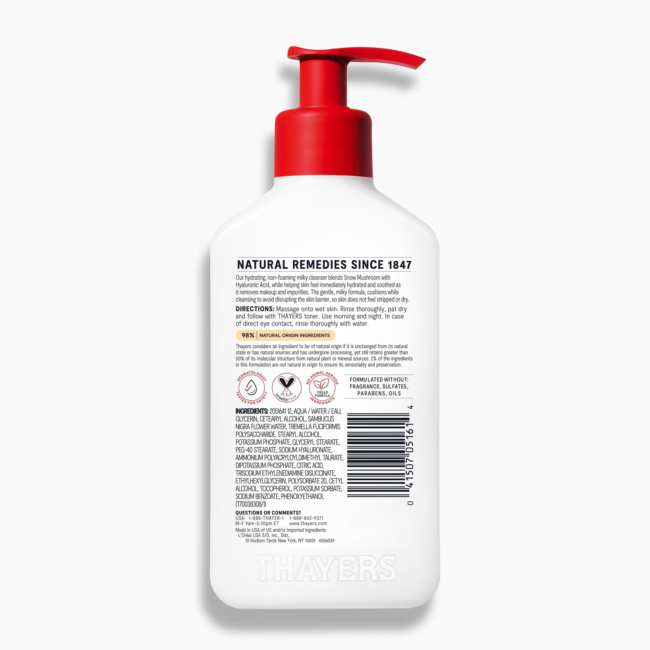THAYERS Milky Hydrating Face Cleanser with Snow Mushroom and Hyaluronic Acid, Dermatologist Recommended Gentle Facial Wash and Hydrating Skincare for Dry and Sensitive Skin, Paraben Free, 8.0 fl. oz.