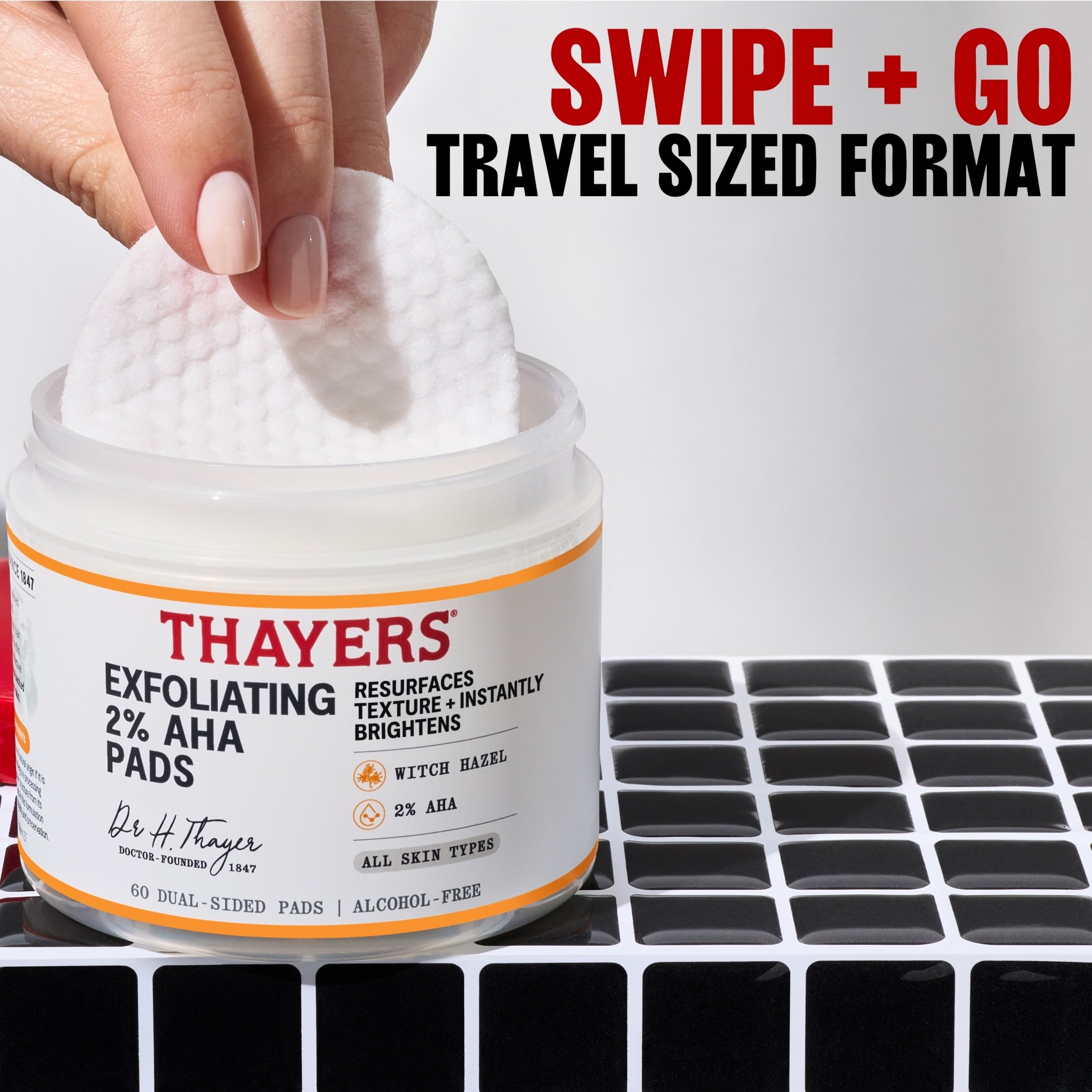 THAYERS Exfoliating 2% AHA Toner Pads, Dual-Sided Exfoliating Pads with Witch Hazel, Glycolic Acid, Lactic Acid to Resurface Skin Texture and Instantly Brighten, For All Skin Types, 60 Count