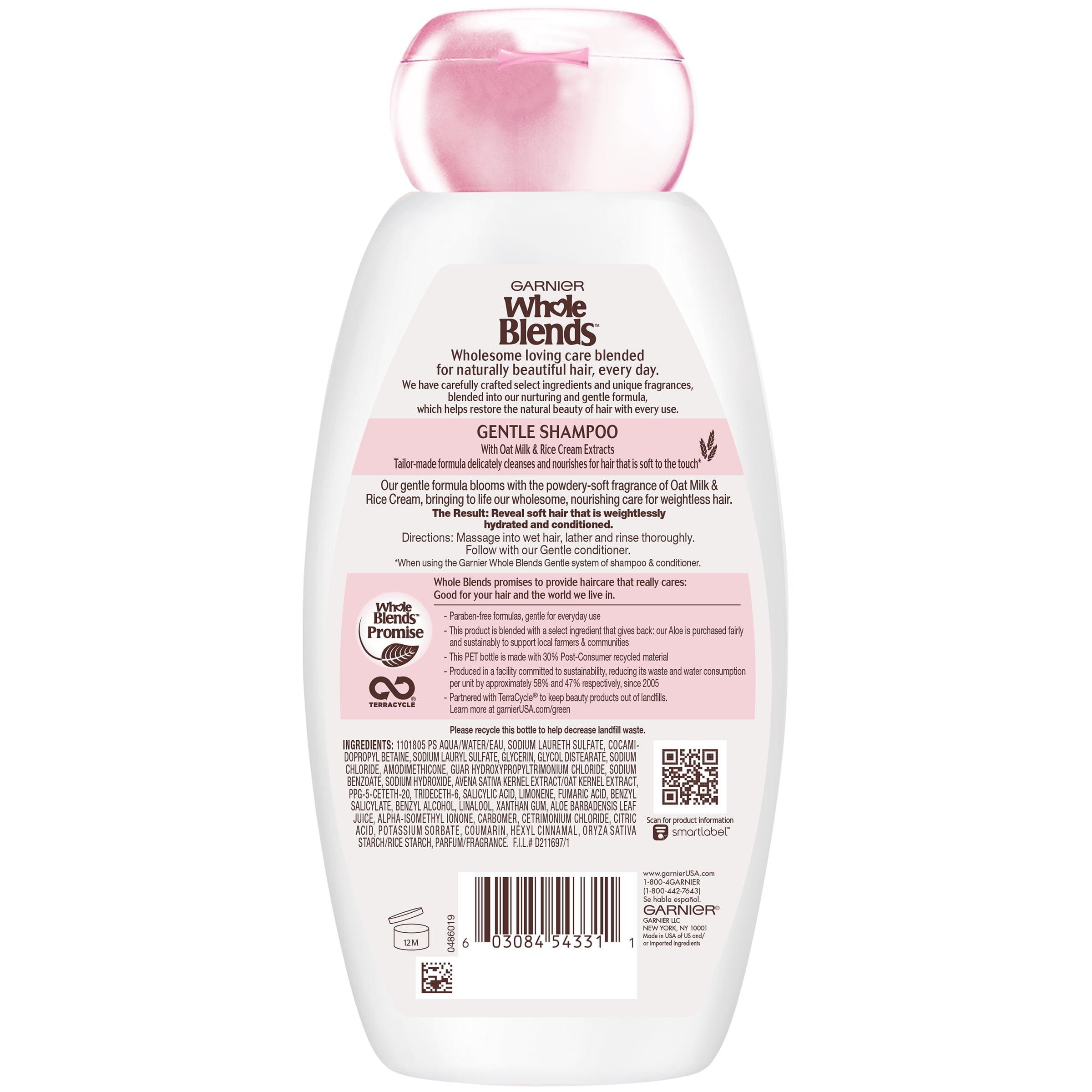 Garnier Whole Blends Gentle Cleansing Shampoo with Oat Milk, Rice Cream Extracts, Dry Hair, 12.5 fl oz