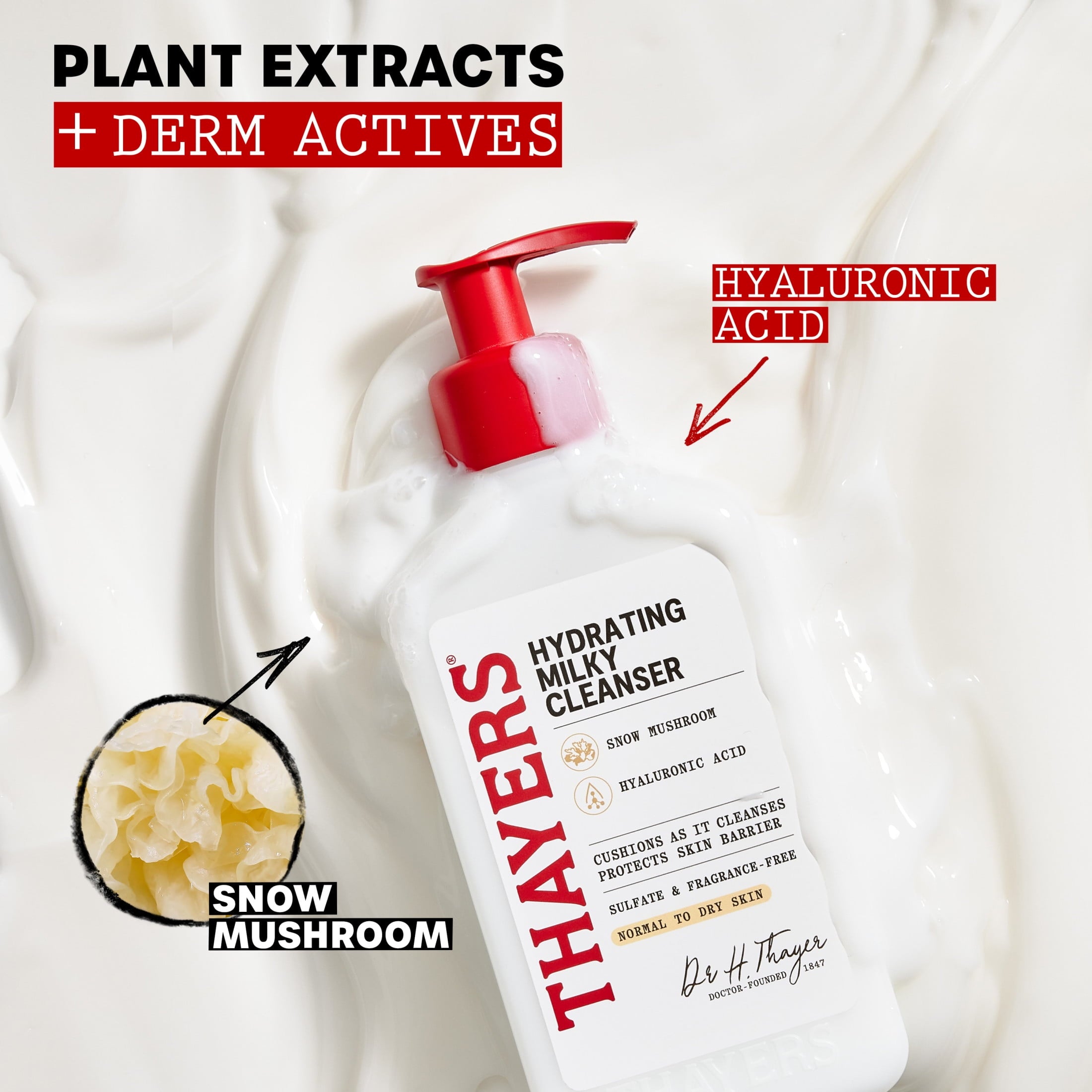 THAYERS Milky Hydrating Face Cleanser with Snow Mushroom and Hyaluronic Acid, Dermatologist Recommended Gentle Facial Wash and Hydrating Skincare for Dry and Sensitive Skin, Paraben Free, 8.0 fl. oz.
