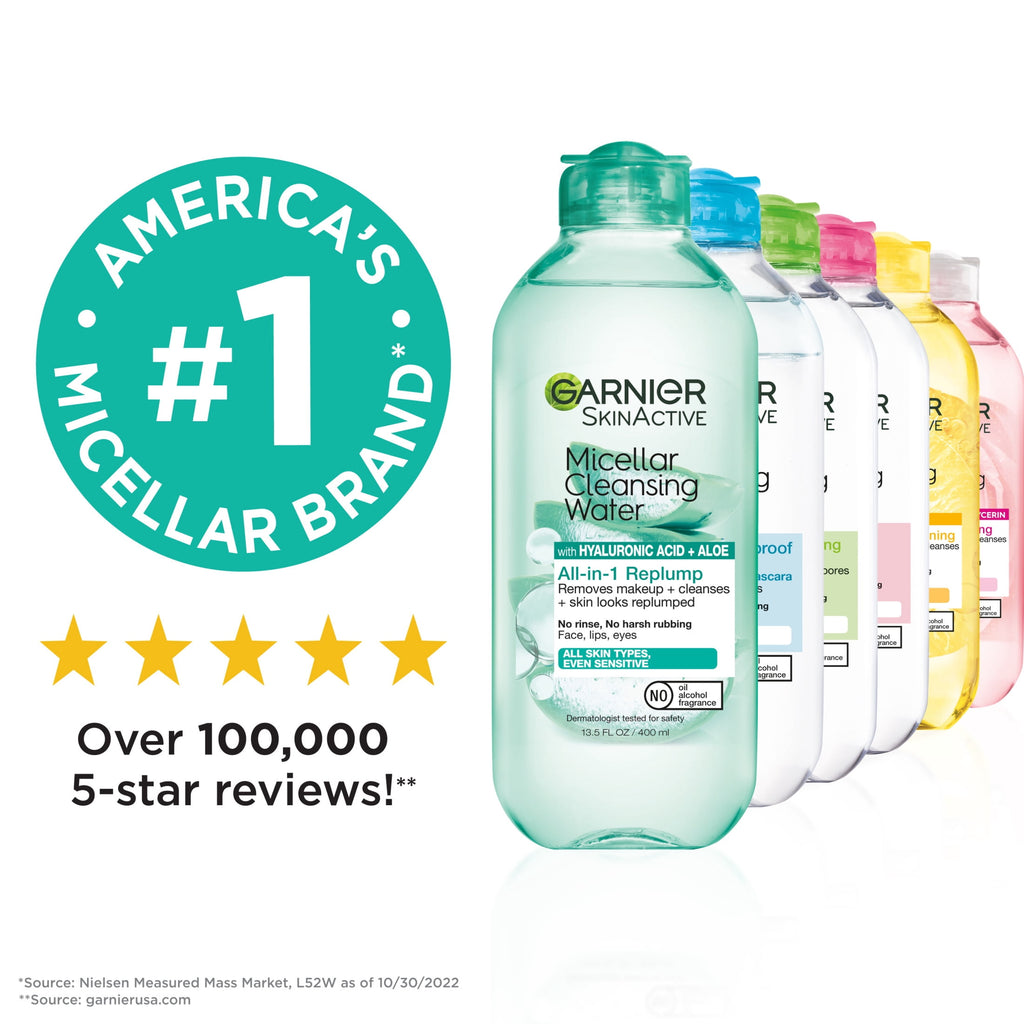 Garnier SkinActive Micellar Cleansing Water All in 1 Hyaluronic Acid Replump Makeup Remover, Face Cleanser, 13.5 fl oz