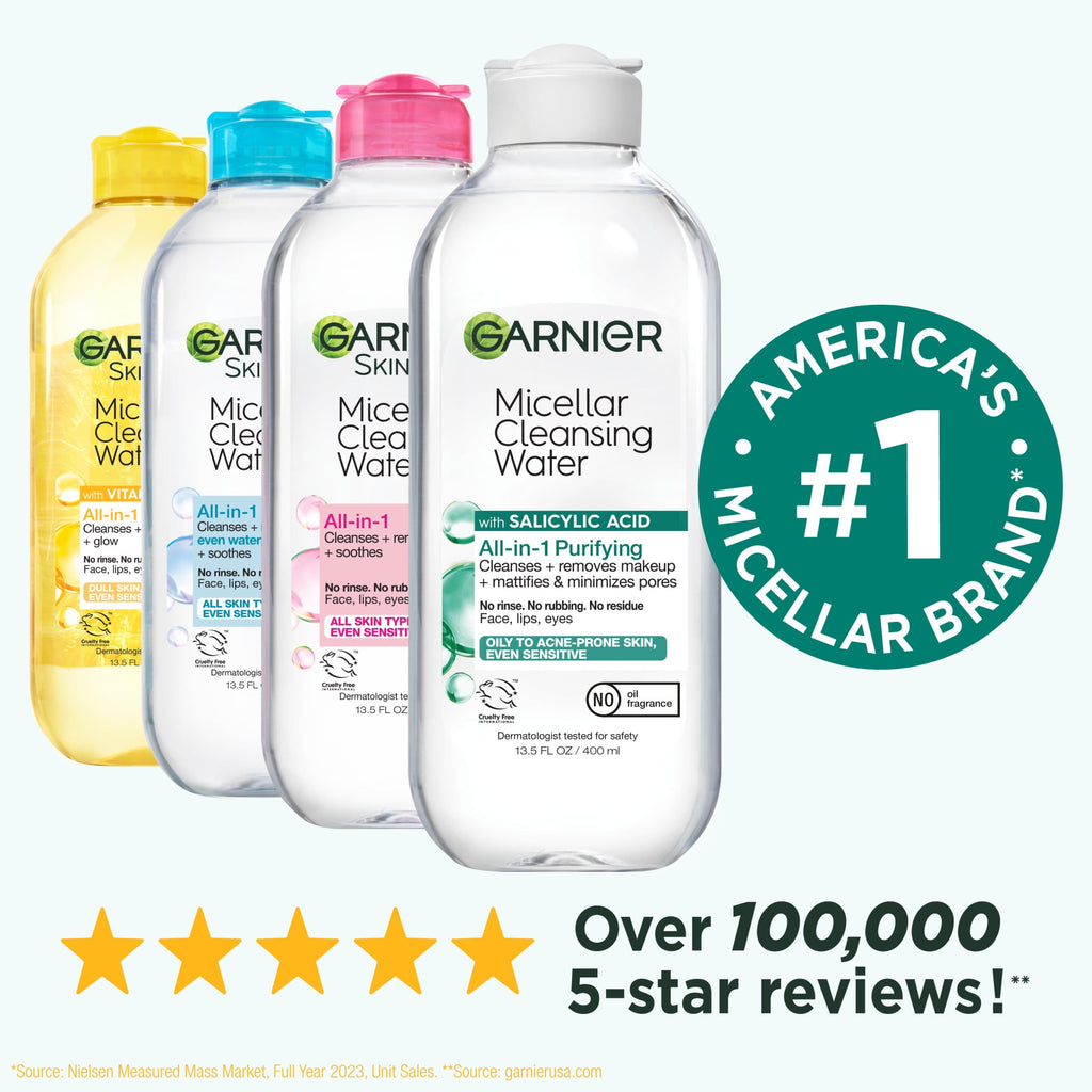 Garnier SkinActive Micellar Cleansing Water All in 1 Salicylic Acid Pore Minimizer Makeup Remover, Face Cleanser, 13.5 fl oz