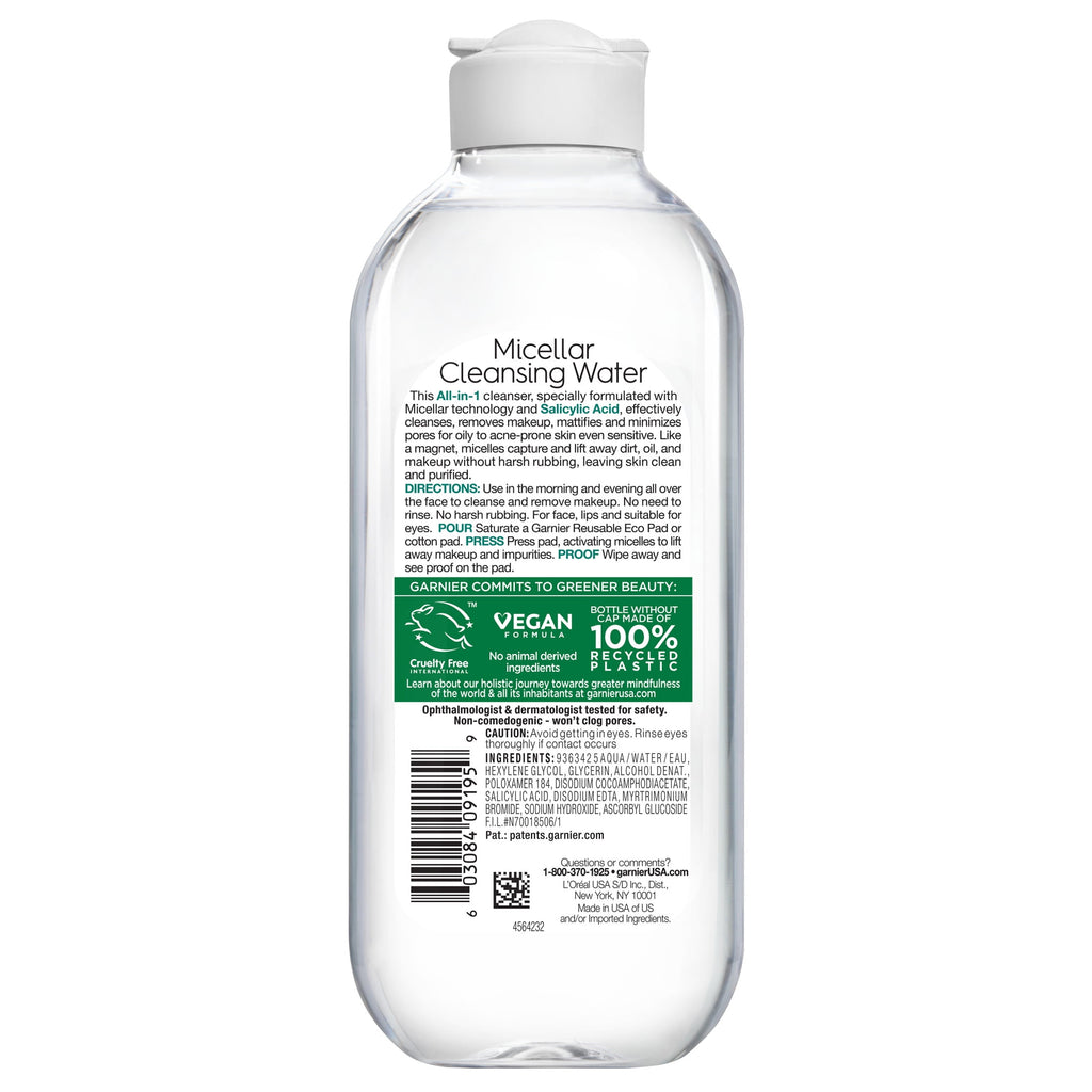 Garnier SkinActive Micellar Cleansing Water All in 1 Salicylic Acid Pore Minimizer Makeup Remover, Face Cleanser, 13.5 fl oz