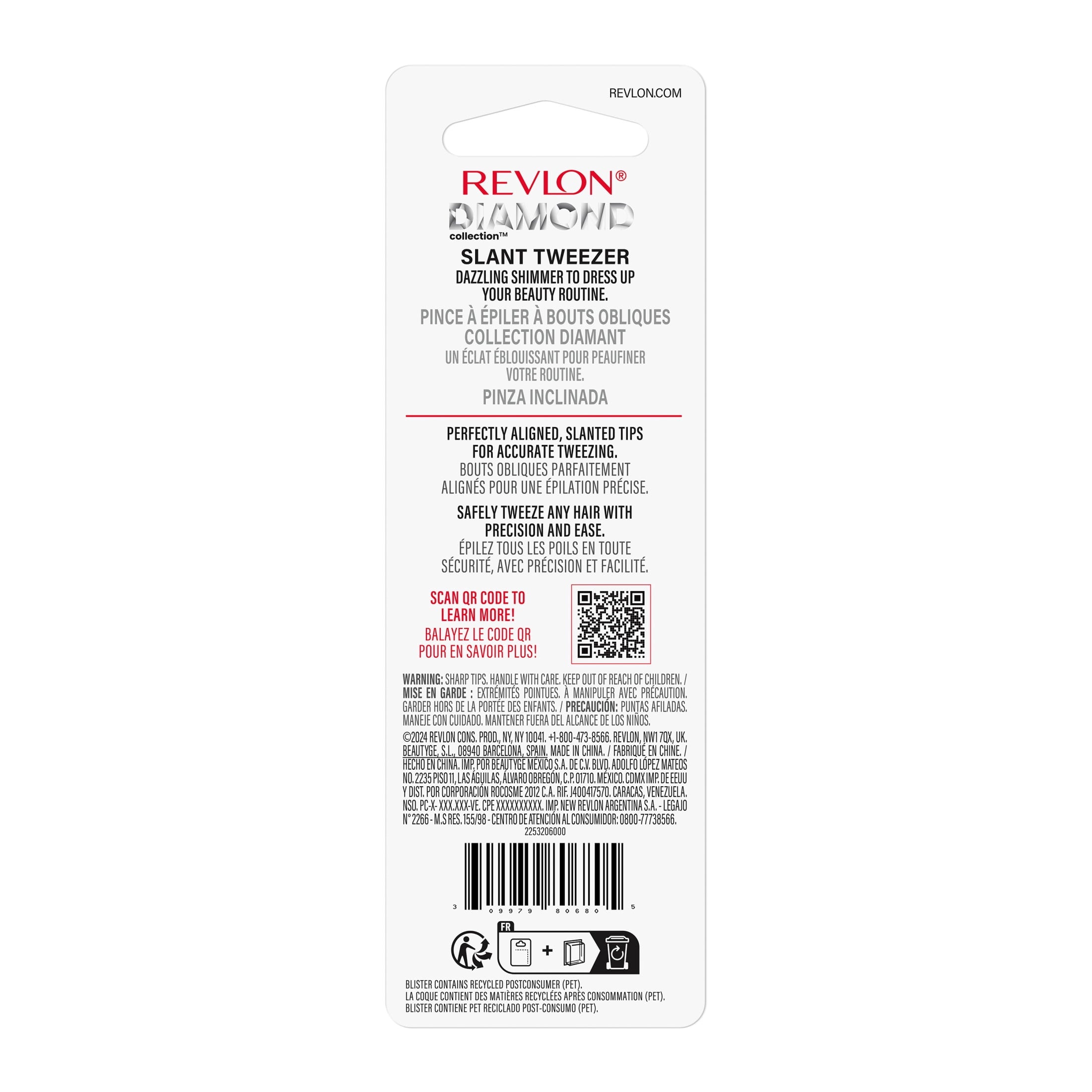Revlon Diamond Slanted Tip Tweezers, High-Precision Hair Removal, Pink & Purple, 1 Count, 1 count