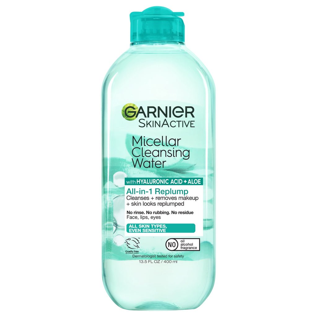 Garnier SkinActive Micellar Cleansing Water All in 1 Hyaluronic Acid Replump Makeup Remover, Face Cleanser, 13.5 fl oz