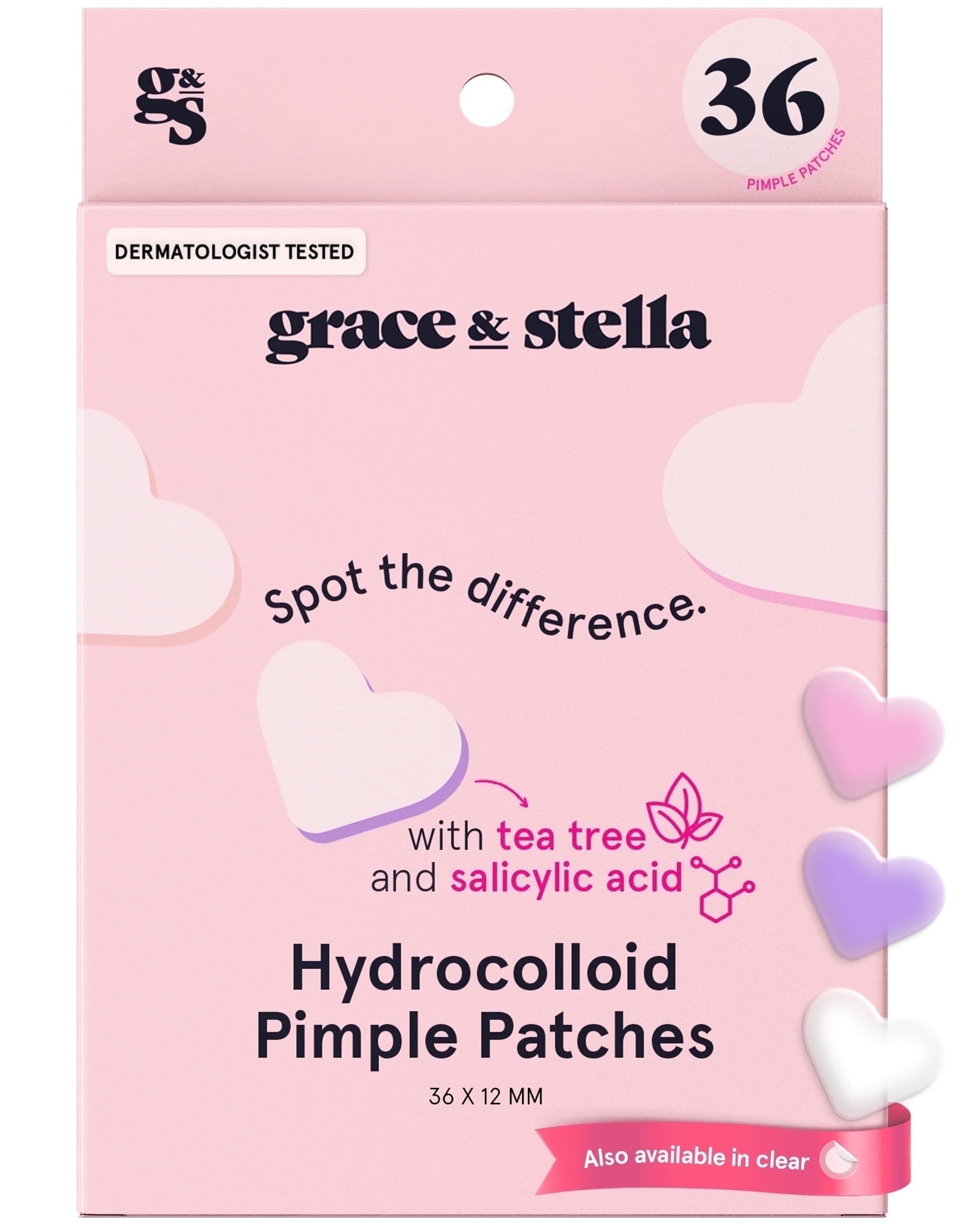 Grace & Stella Hydrocolloid Acne Patches & Spot Stickers, All Skin Types, 36 Piece Multishape Purple, Pink pack