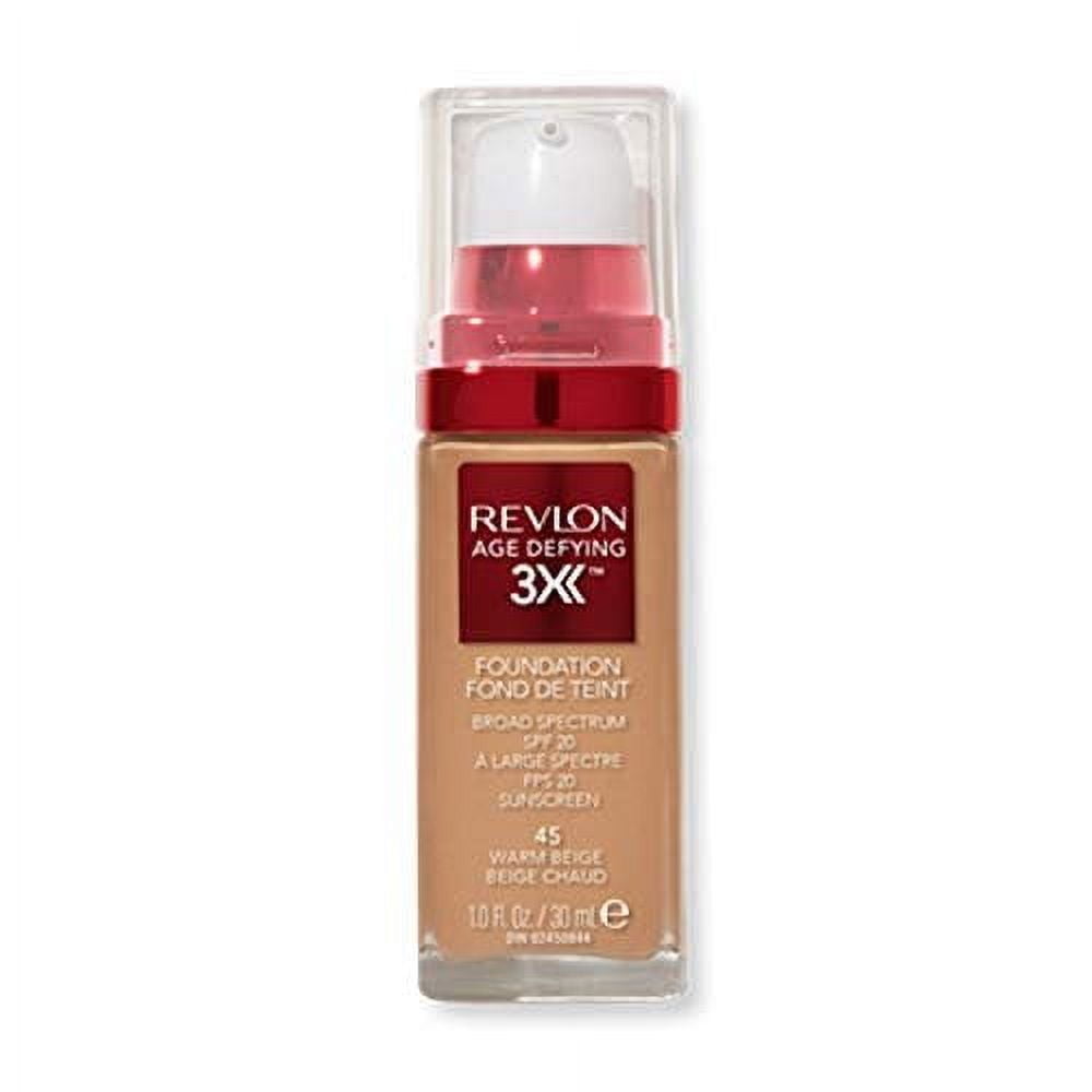 Revlon Age Defying 3X Makeup Foundation, Firming, Lifting and Anti-Aging Medium, Buildable Coverage with Natural Finish SPF 20, 045 Warm Beige, 1 fl oz