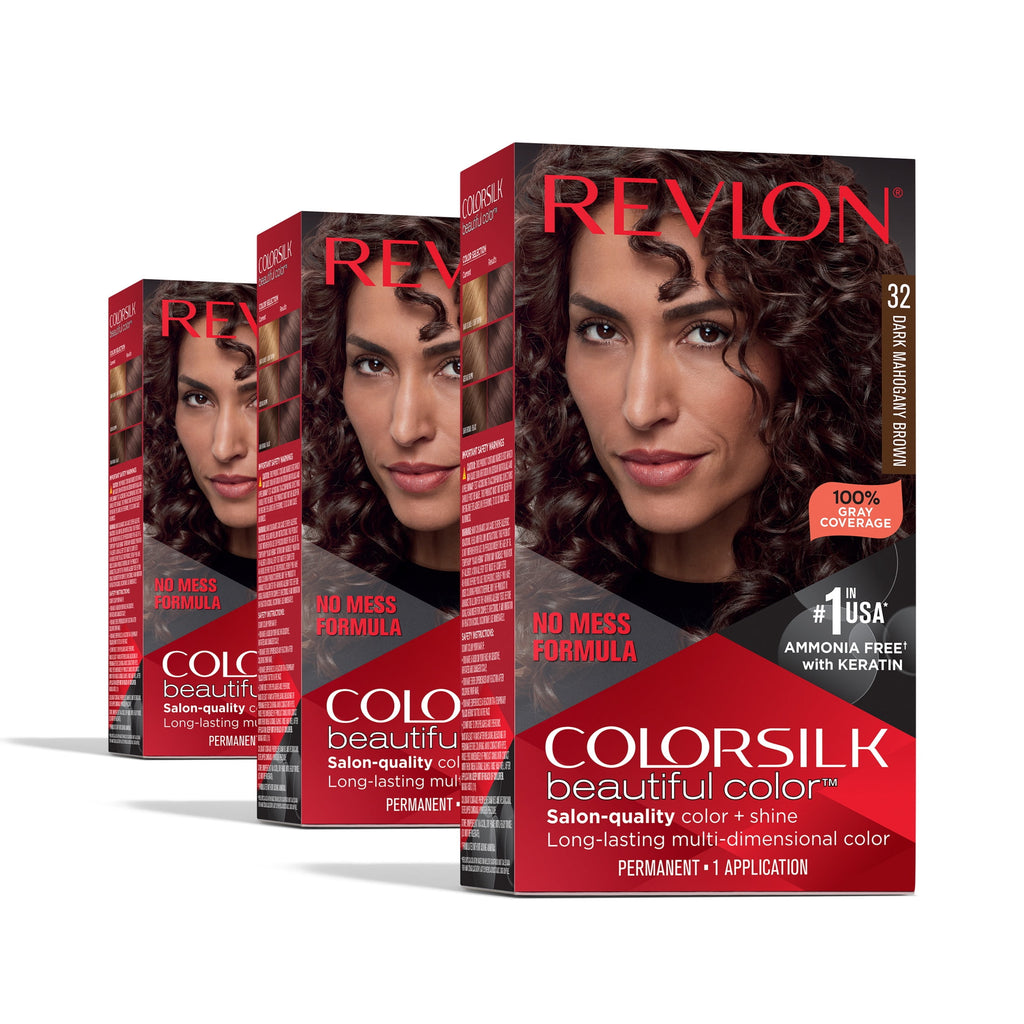 Revlon ColorSilk Beautiful Color Permanent Hair Color 3 Pack, Dark Mahogany Brown, 3 Pack
