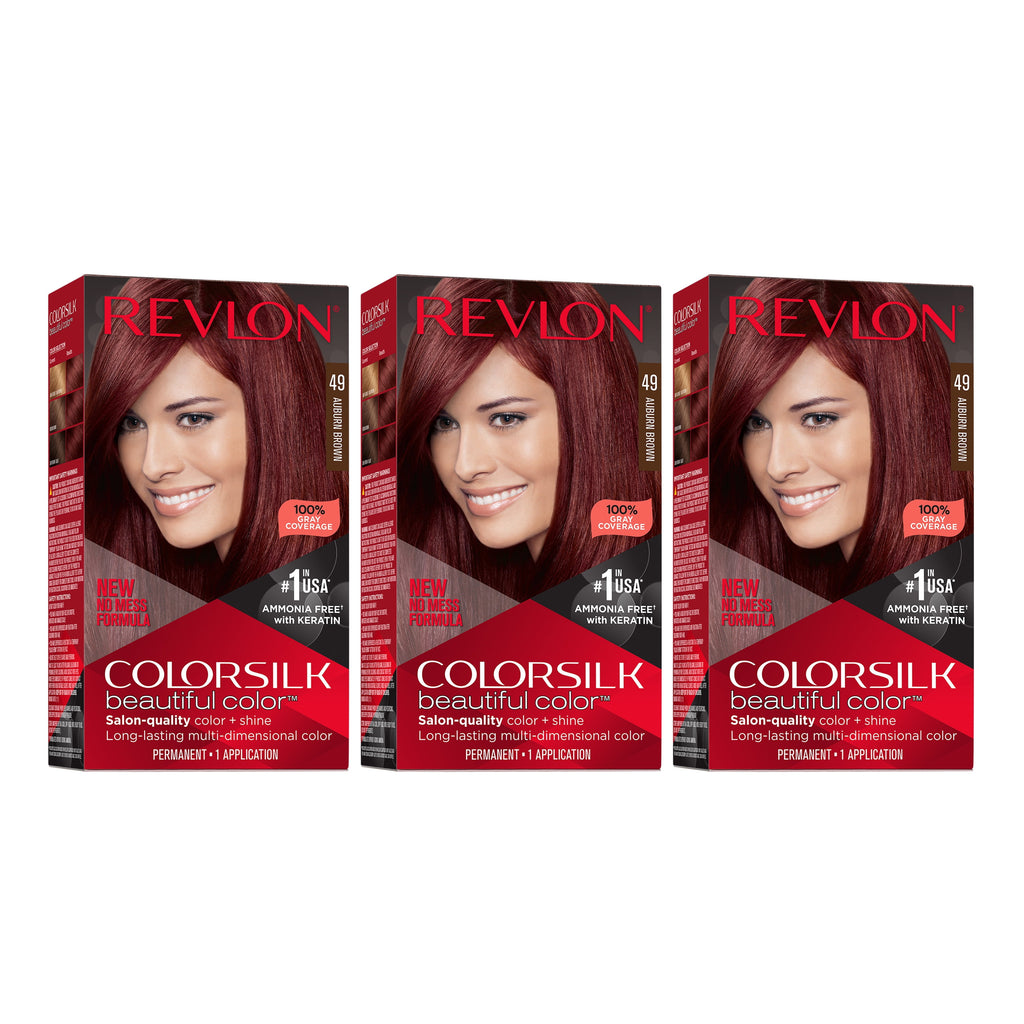 Revlon Colorsilk Beautiful Color Permanent Hair Color 3 Pack, 049 Auburn Brown, 3 Pack