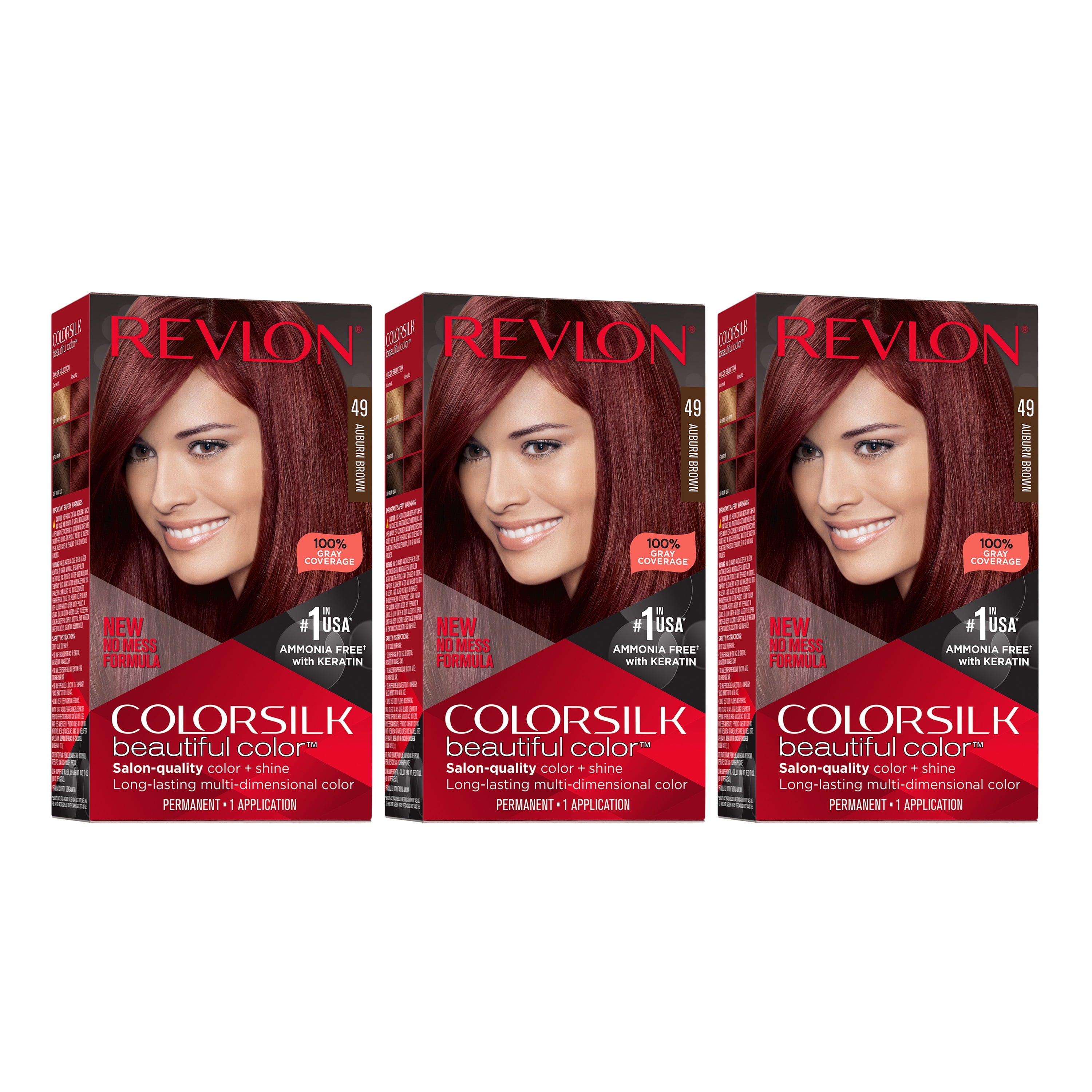 Revlon Colorsilk Beautiful Color Permanent Hair Color 3 Pack, 049 Auburn Brown, 3 Pack