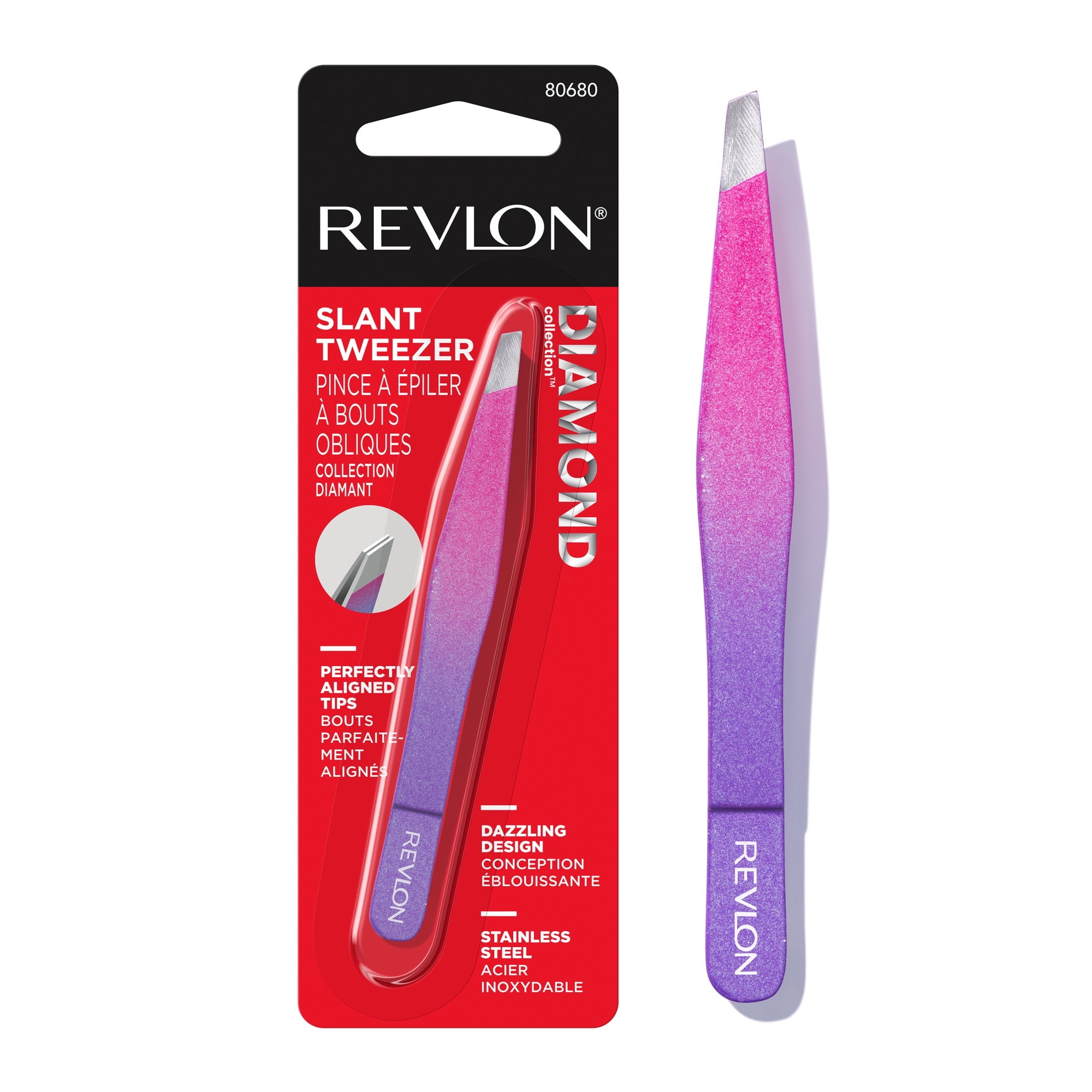 Revlon Diamond Slanted Tip Tweezers, High-Precision Hair Removal, Pink & Purple, 1 Count, 1 count