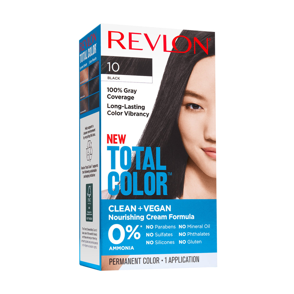 Revlon Total Color Permanent Hair Color, Clean and Vegan, 100% Gray Coverage Hair Dye, 10 Black, 5.94 fl oz