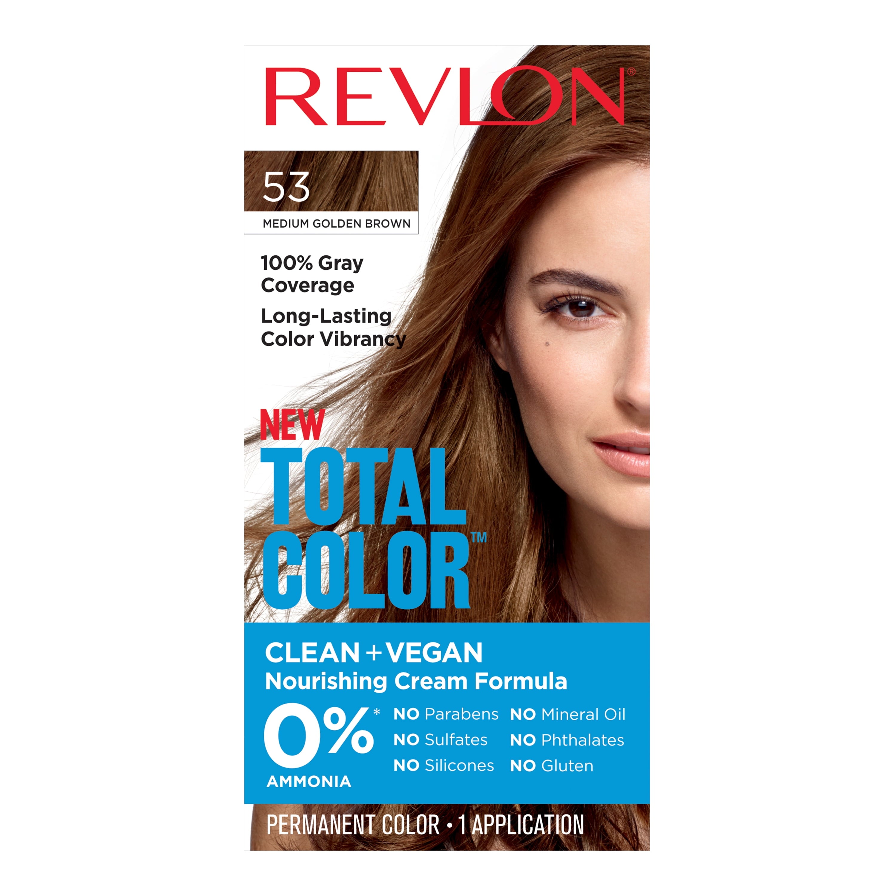 Revlon Total Color Hair Color, Clean and Vegan, 100% Gray Coverage Permanent Hair Dye - 53 Medium Golden Brown