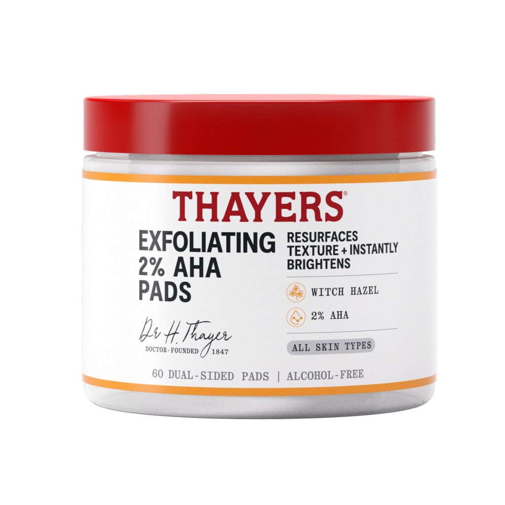 THAYERS Exfoliating 2% AHA Toner Pads, Dual-Sided Exfoliating Pads with Witch Hazel, Glycolic Acid, Lactic Acid to Resurface Skin Texture and Instantly Brighten, For All Skin Types, 60 Count