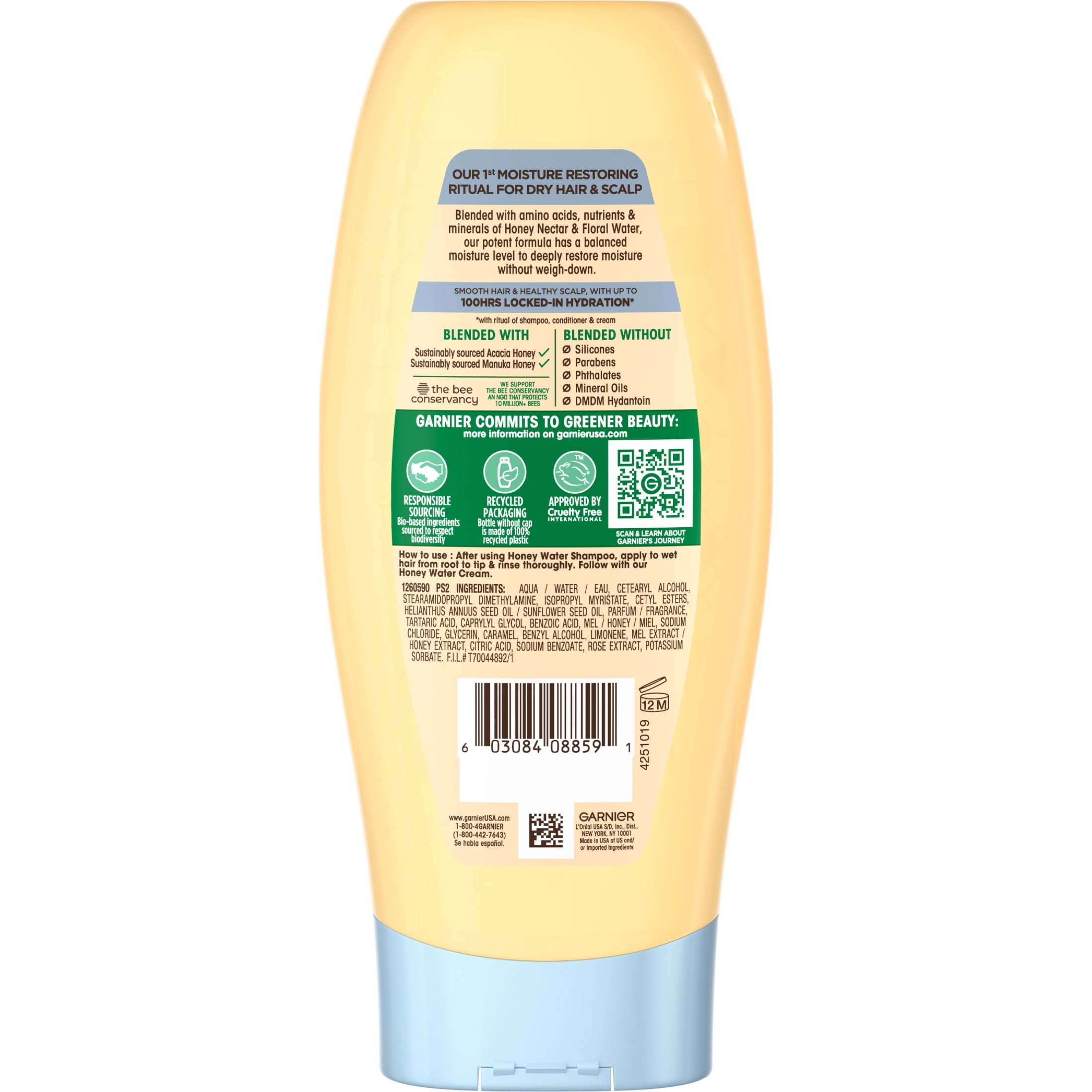 Garnier Whole Blends Honey Water Moisture Restoring Conditioner, Dry Hair, Squeeze, 12.5 fl oz