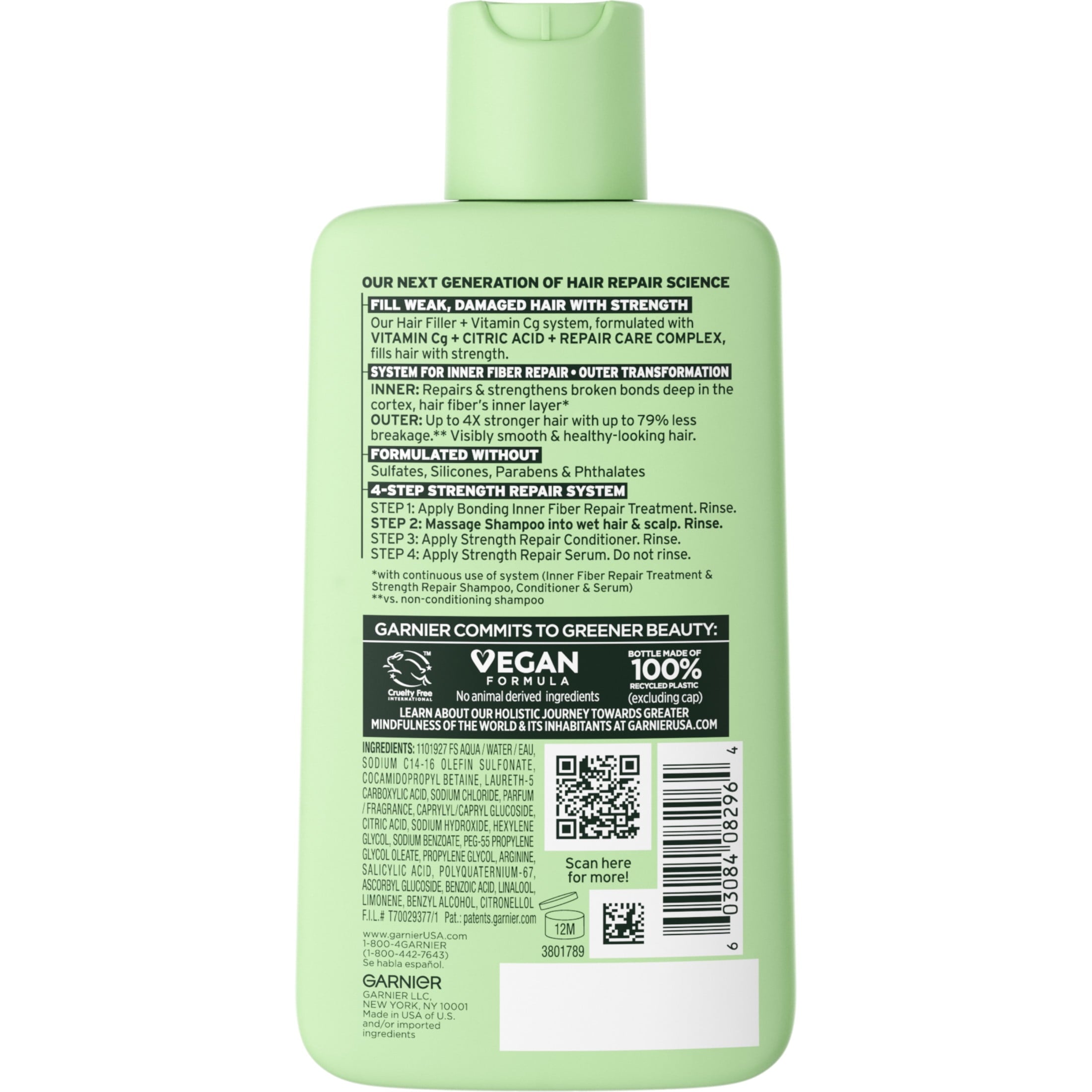 Garnier Fructis Hair Filler Vitamin Cg Strength Repair Shampoo, Adults, Damaged Hair, 10.1 fl oz