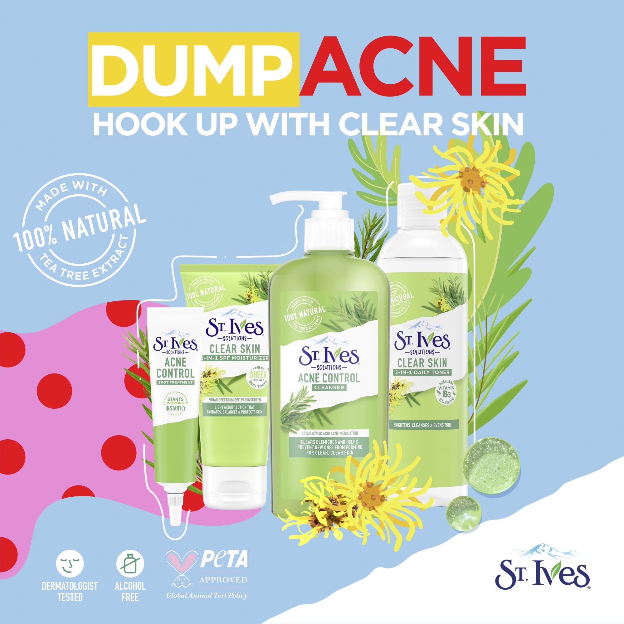St. Ives Solutions 3-in-1 SPF 25 Moisturizer Hydrates and Balances Oily to Acne Prone Skin, Sheer SPF Clear Skin Made with 100% Natural Tea Tree Extract and Witch Hazel 3 oz