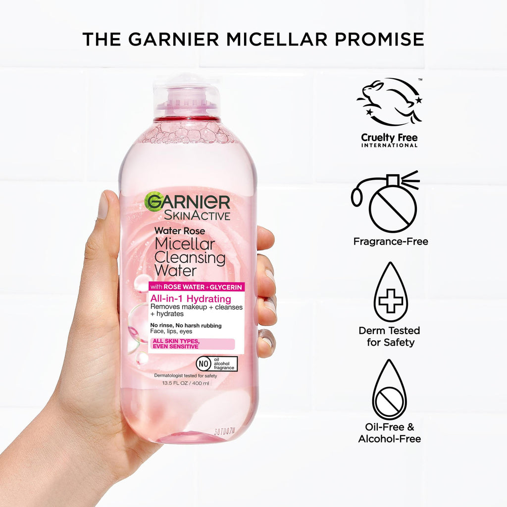 Garnier SkinActive Micellar Cleansing Water All in 1 Hydrating Rose Water Makeup Remover, Face Cleanser, 13.5 fl oz