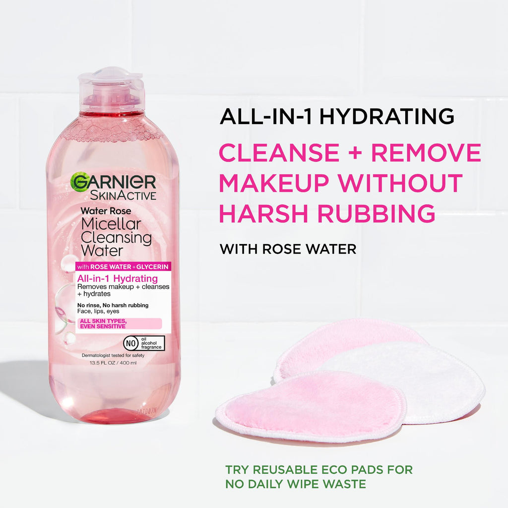 Garnier SkinActive Micellar Cleansing Water All in 1 Hydrating Rose Water Makeup Remover, Face Cleanser, 13.5 fl oz