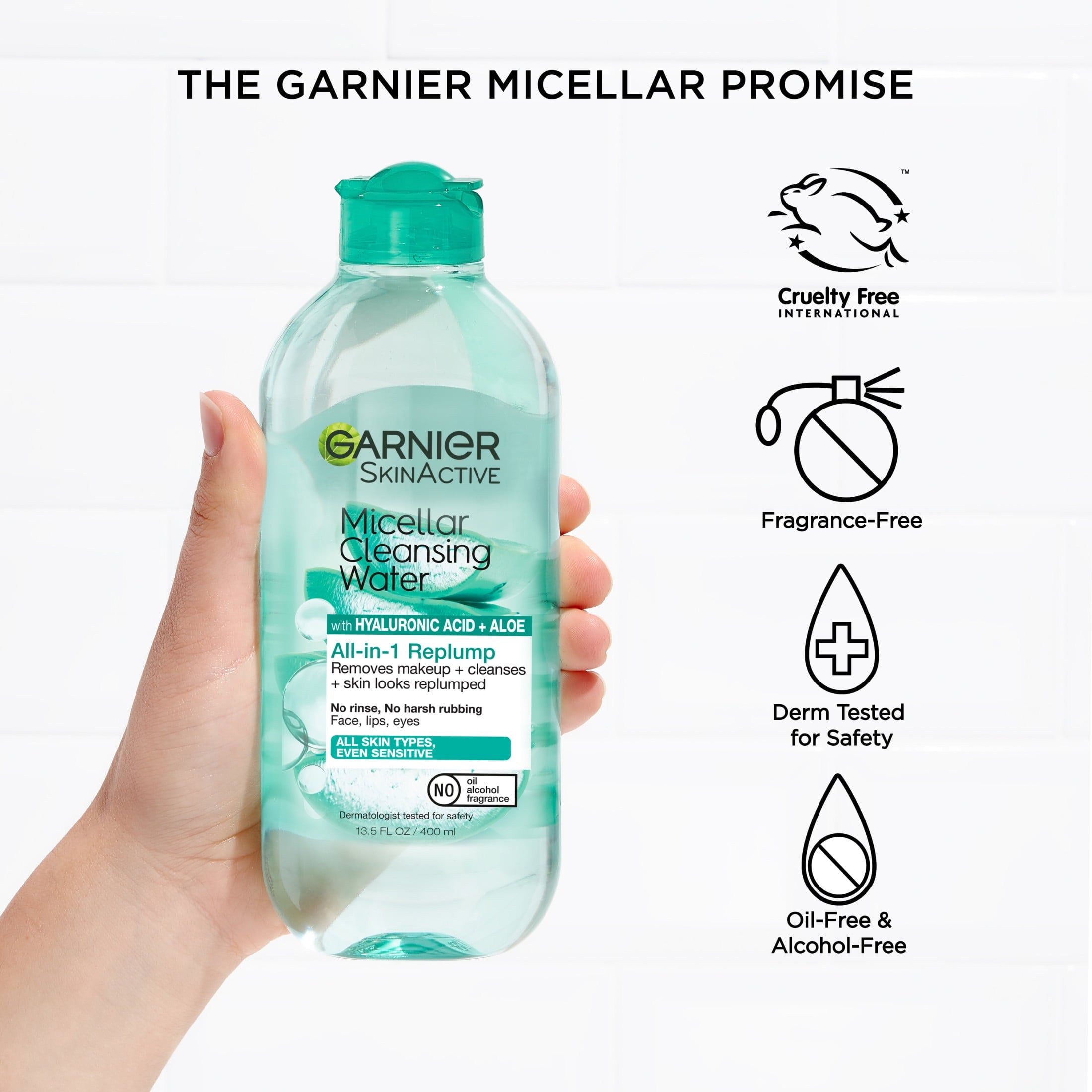 Garnier SkinActive Micellar Cleansing Water All in 1 Hyaluronic Acid Replump Makeup Remover, Face Cleanser, 13.5 fl oz