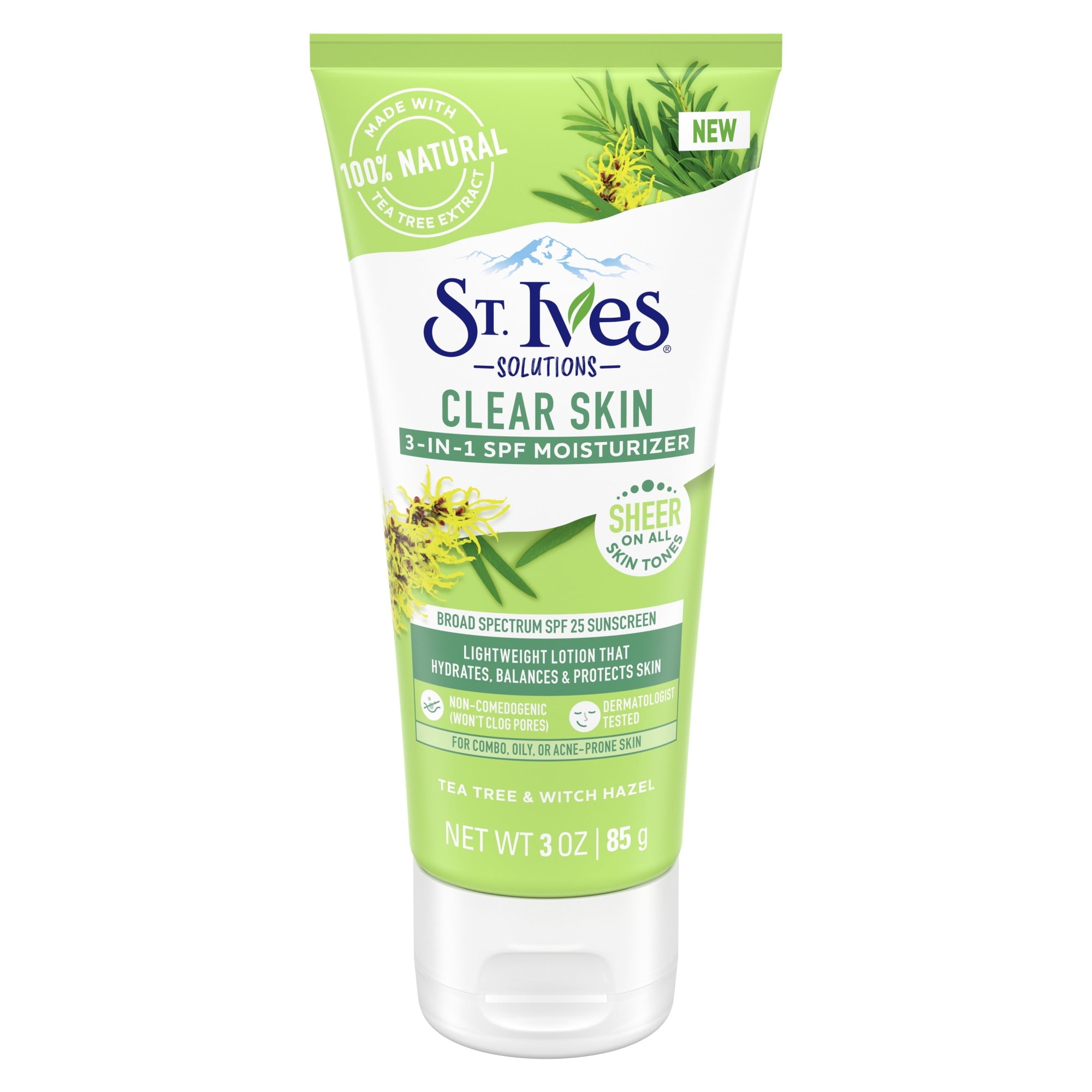 St. Ives Solutions 3-in-1 SPF 25 Moisturizer Hydrates and Balances Oily to Acne Prone Skin, Sheer SPF Clear Skin Made with 100% Natural Tea Tree Extract and Witch Hazel 3 oz