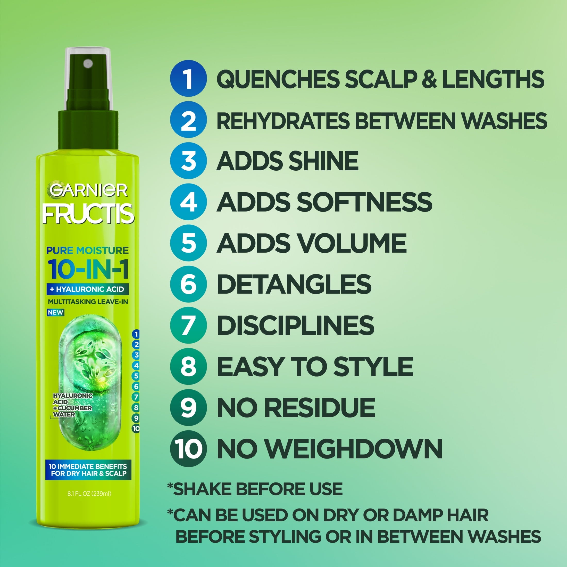 Garnier Fructis Pure Moisture 10 in 1 Spray with Hyaluronic Acid, 8.1 fl oz