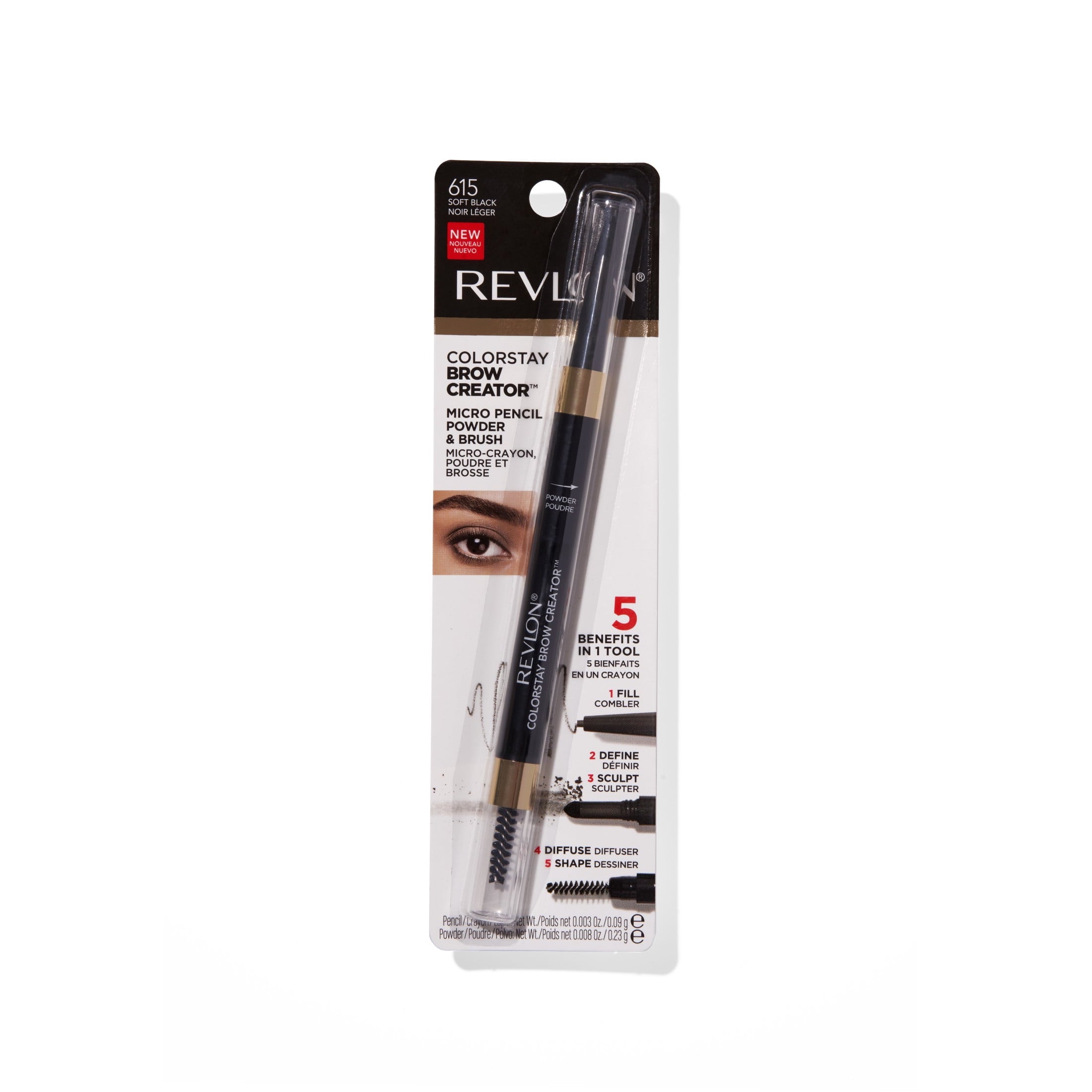 Revlon ColorStay Waterproof Brow Creator, 2-in-1 Eyebrow Pencil & Powder, 615 Soft Black, 0.003 oz