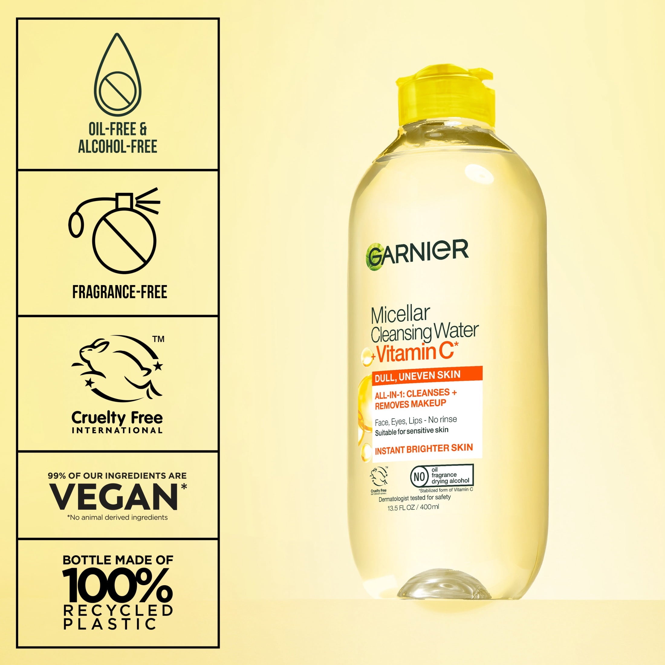 Garnier SkinActive Micellar Cleansing Water All in 1 Vitamin C Makeup Remover, Face Cleanser, 13.5 fl oz