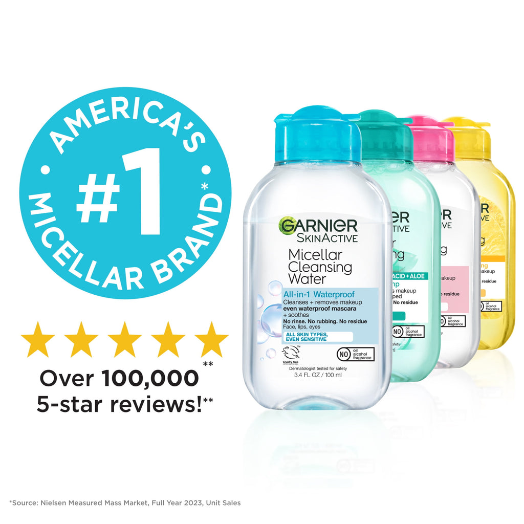 Garnier SkinActive Micellar Cleansing Water All in 1 Waterproof Makeup Remover, Face Cleanser, 3.4 fl oz