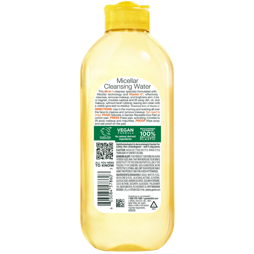 Garnier SkinActive Micellar Cleansing Water All in 1 Vitamin C Makeup Remover, Face Cleanser, 13.5 fl oz