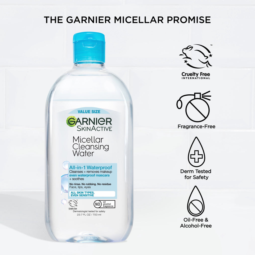 Garnier SkinActive Micellar Cleansing Water All in 1 Waterproof Makeup Remover, Face Cleanser, 23.7 fl oz