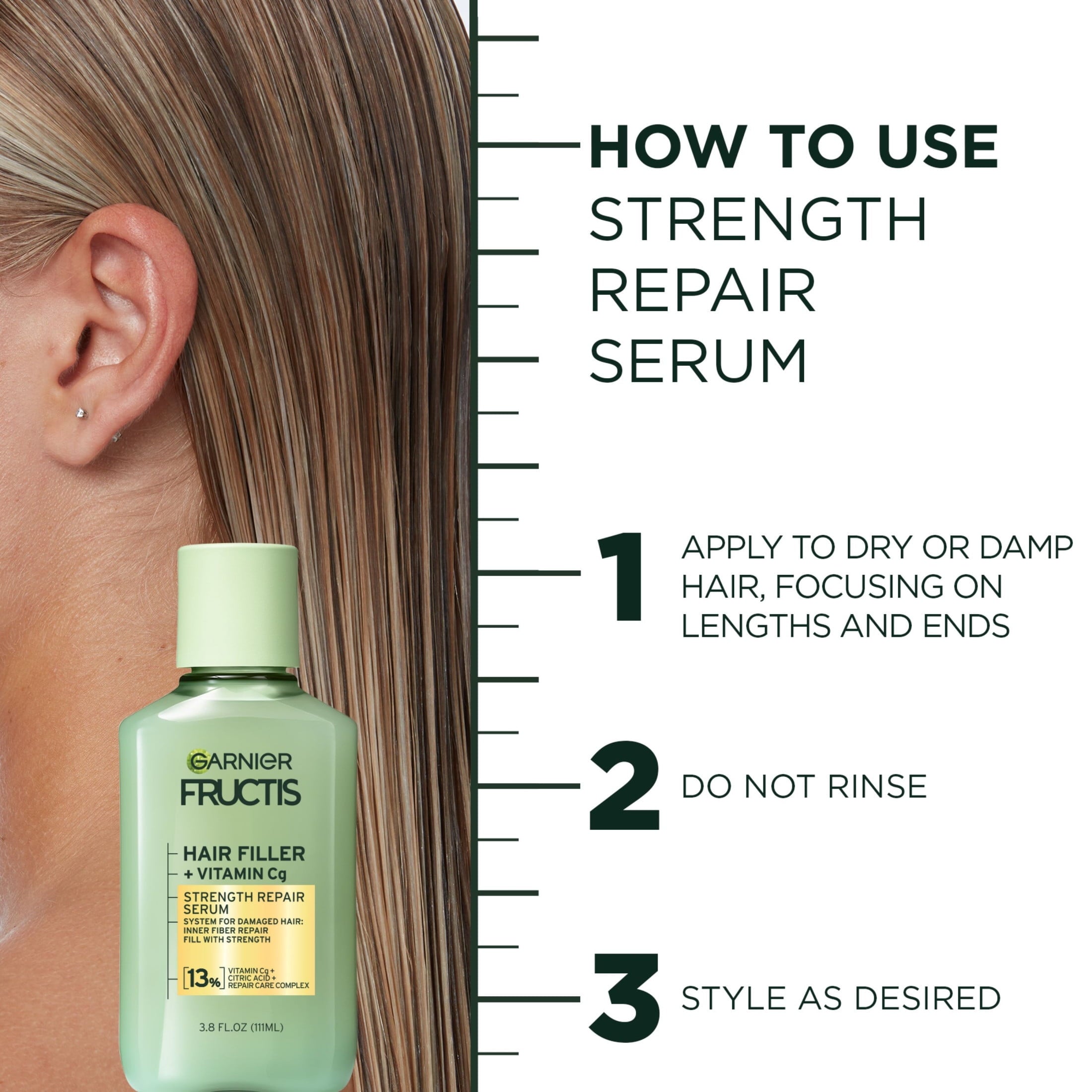 Garnier Fructis Hair Filler Strength Repair Serum for Weak, Damaged Hair, 3.75 fl oz