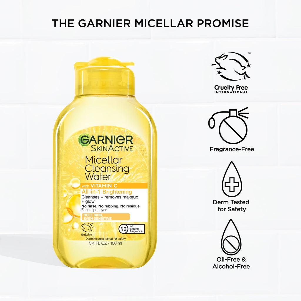 Garnier SkinActive Micellar Cleansing Water All in 1 Vitamin C Makeup Remover, Face Cleanser, 3.4 fl oz