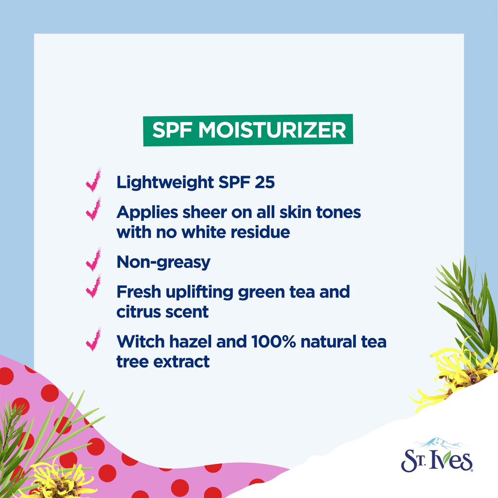 St. Ives Solutions 3-in-1 SPF 25 Moisturizer Hydrates and Balances Oily to Acne Prone Skin, Sheer SPF Clear Skin Made with 100% Natural Tea Tree Extract and Witch Hazel 3 oz
